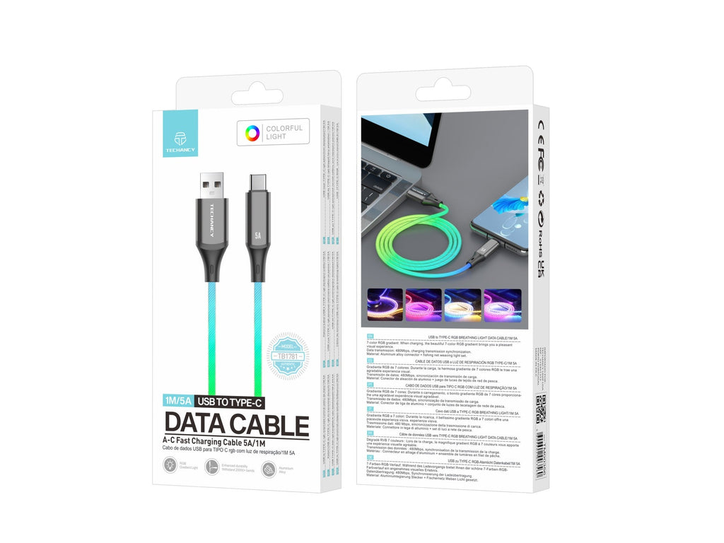 Techancy Cabo De Dados De 1m TB1799, Usb-C Para Usb-C, Efeitos De Iluminação Rgb, Carregamento Rápido De 27w.-3