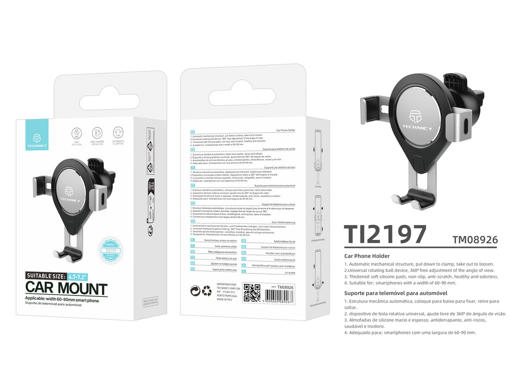 Suporte Para Telemóvel Para Automóvel Cinzento Ti2197, Rotação De 360 Graus Para Telemóveis De 4,7-7,2 Polegadas