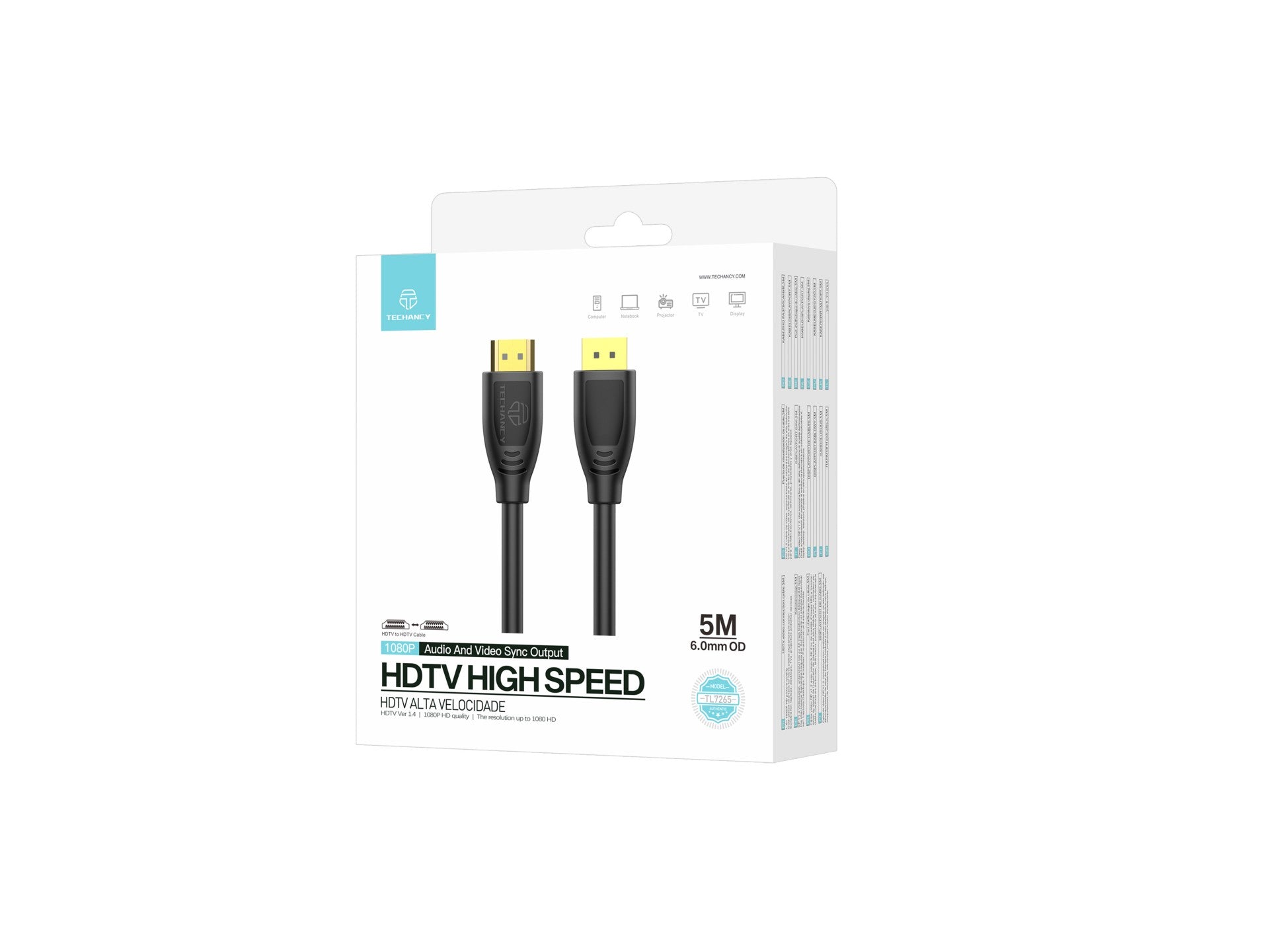 Techancy Cabo Hdtv De Alta Velocidade  TL7265,5m, Ecrã Hd 1080p Para Televisores, Computadores, Projectores E Consolas