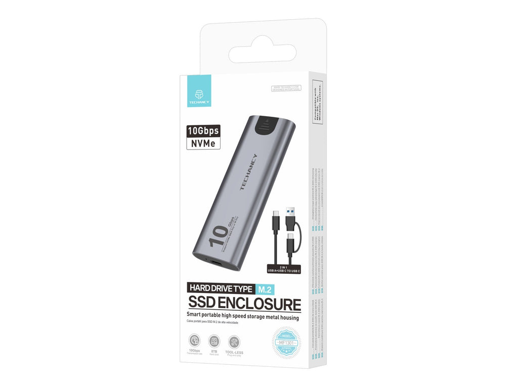 Techancy Caixa SSD M.2 NVMe portátil de alta velocidade MF1301 Cinza , 10 Gbps com USB-C, compatível e fácil de transportar