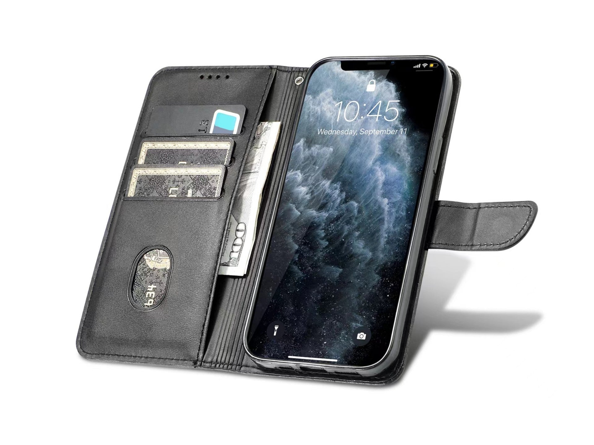 Capa flip em couro para telemóvel com 3 ranhuras para cartões, KX5600, função suporte e proteção contra quedas, compatível com iPhone 14 Pro Max, Preto-0