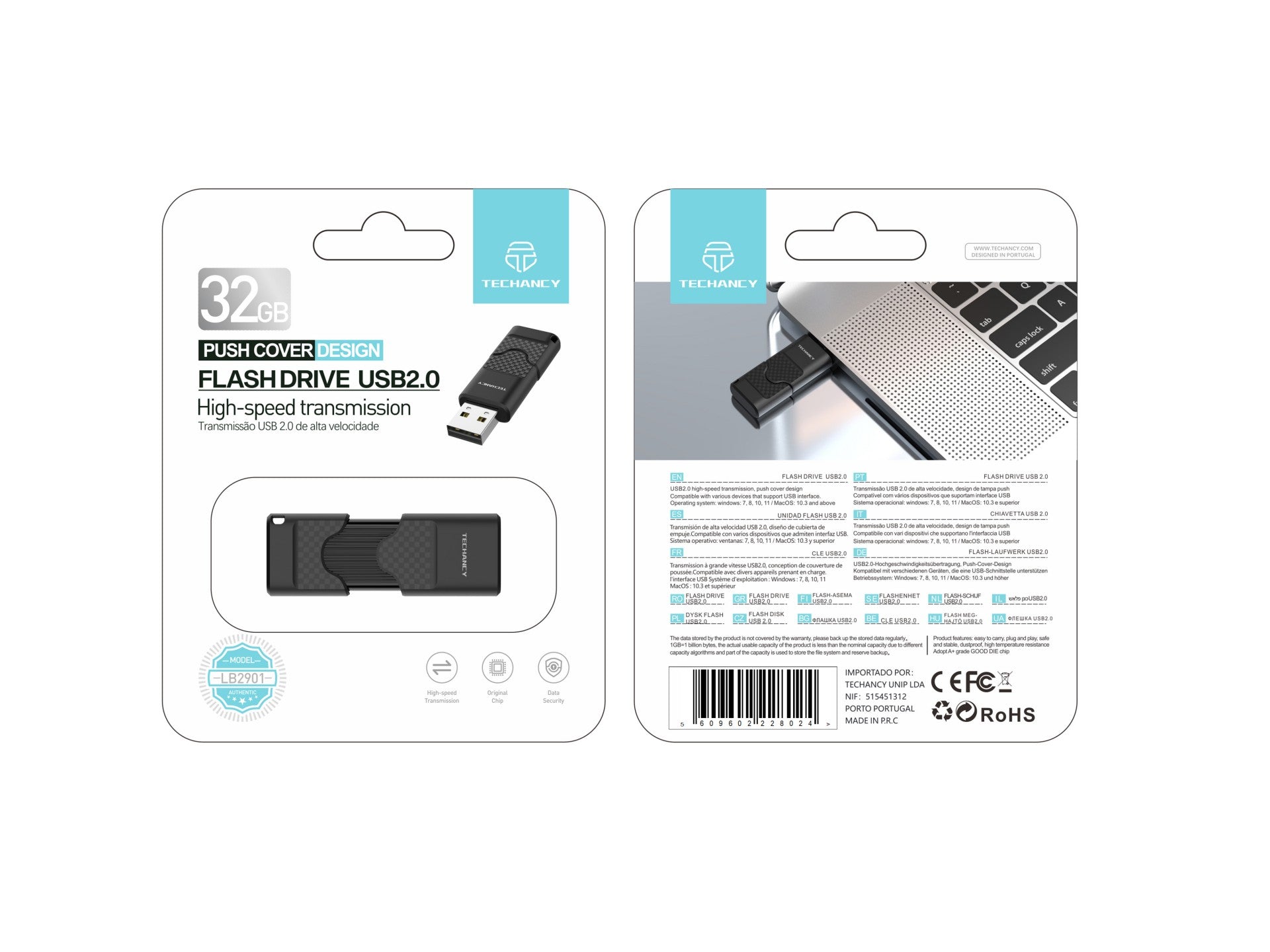 Techancy USB Flash Drive 32GB Preto LB2901, Usb 2.0, Compatível com PC/Mobile/Mac, Armazenamento seguro de ficheiros