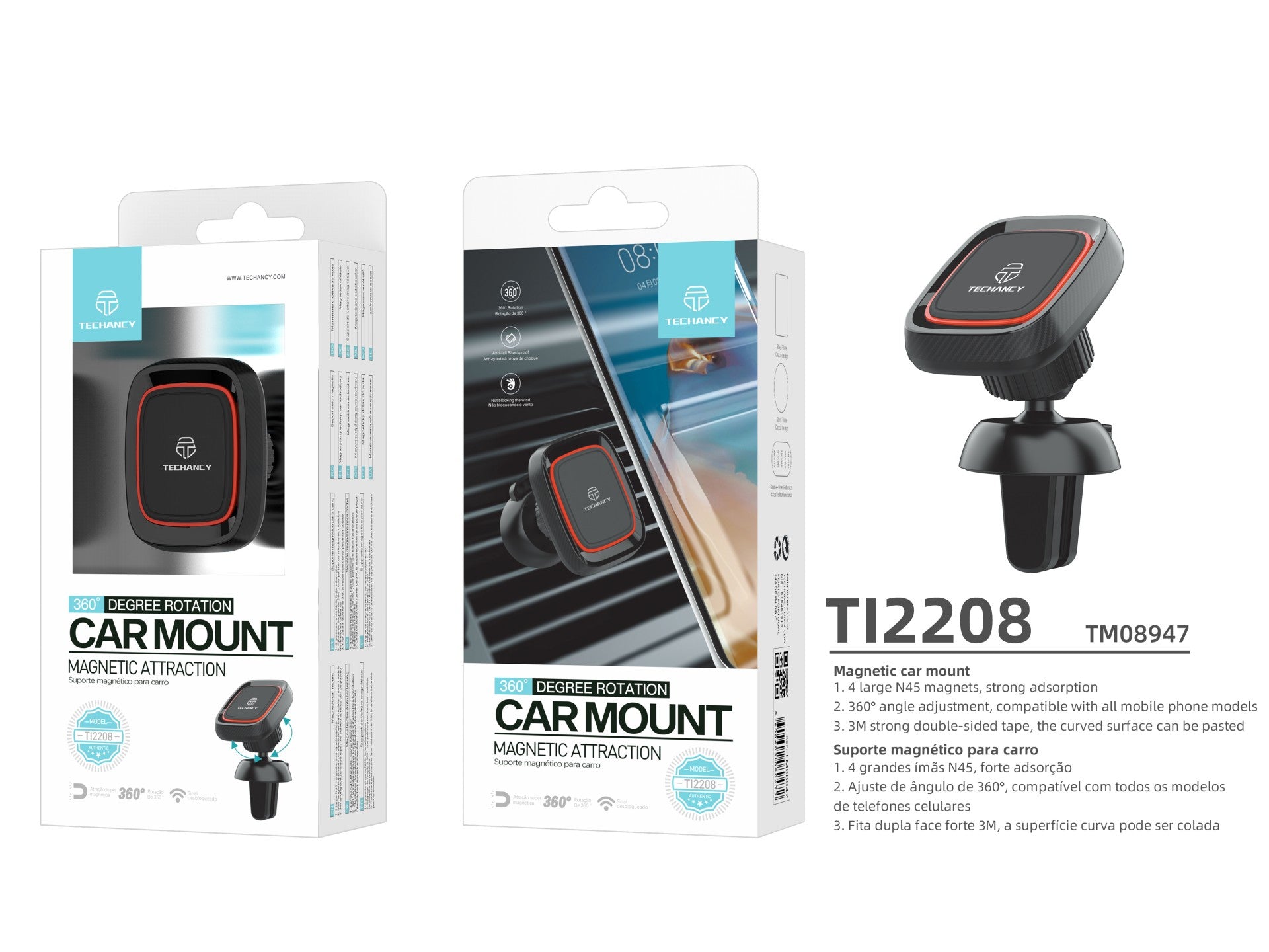 Techancy Suporte magnético para telemóvel para automóvel TI2208, forte aderência, montagem no respiradouro