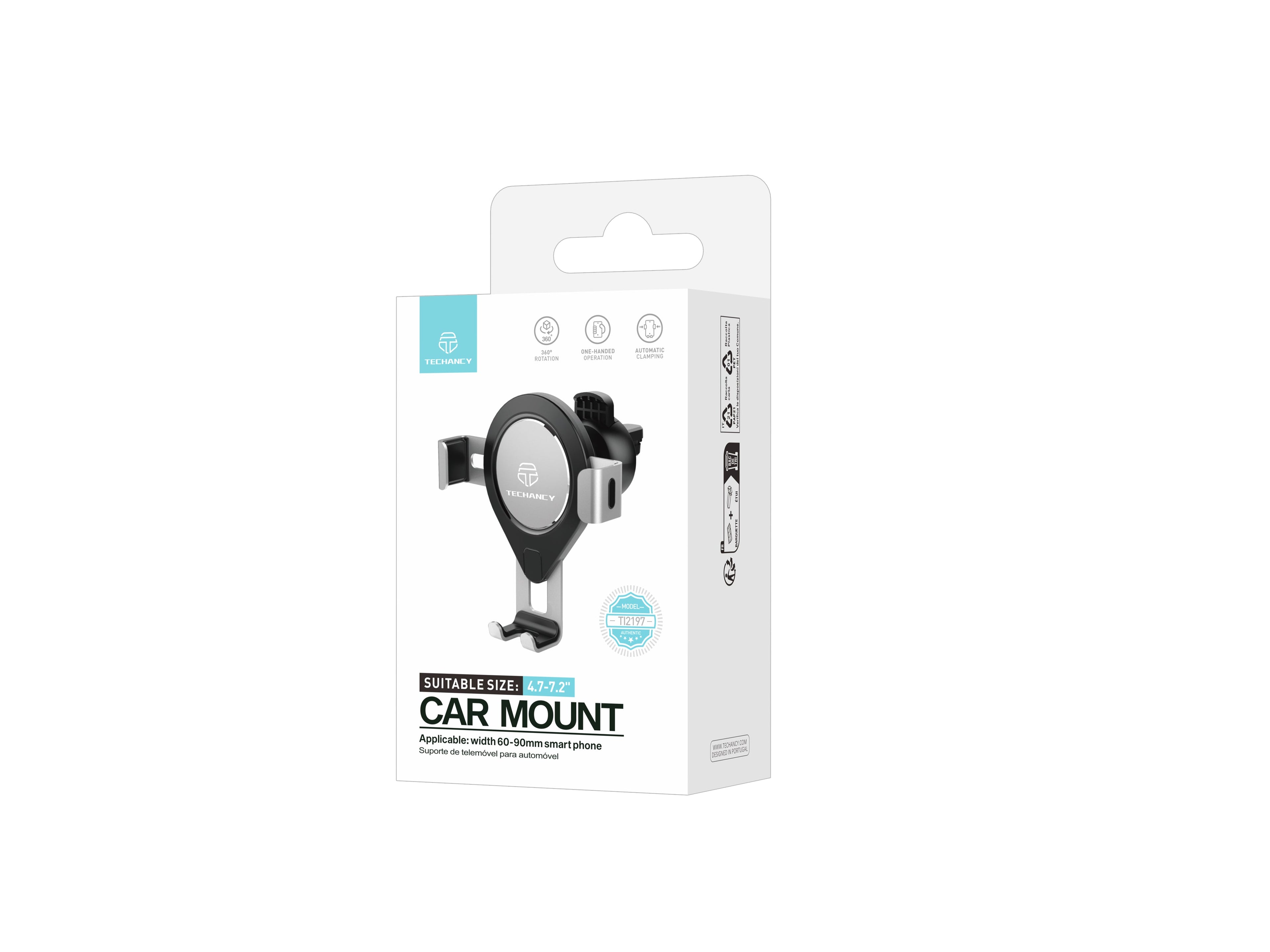 Suporte Para Telemóvel Para Automóvel Cinzento Ti2197, Rotação De 360 Graus Para Telemóveis De 4,7-7,2 Polegadas