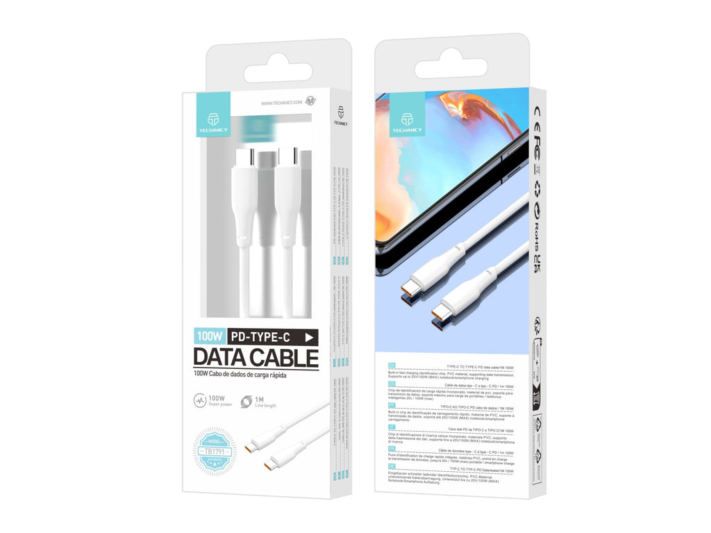 Techancy Cabo De Dados Pd 100w Branco 1m TB1791, Usb C-Usbc De Alta Potência, Compatível Com Computadores Portáteis-1