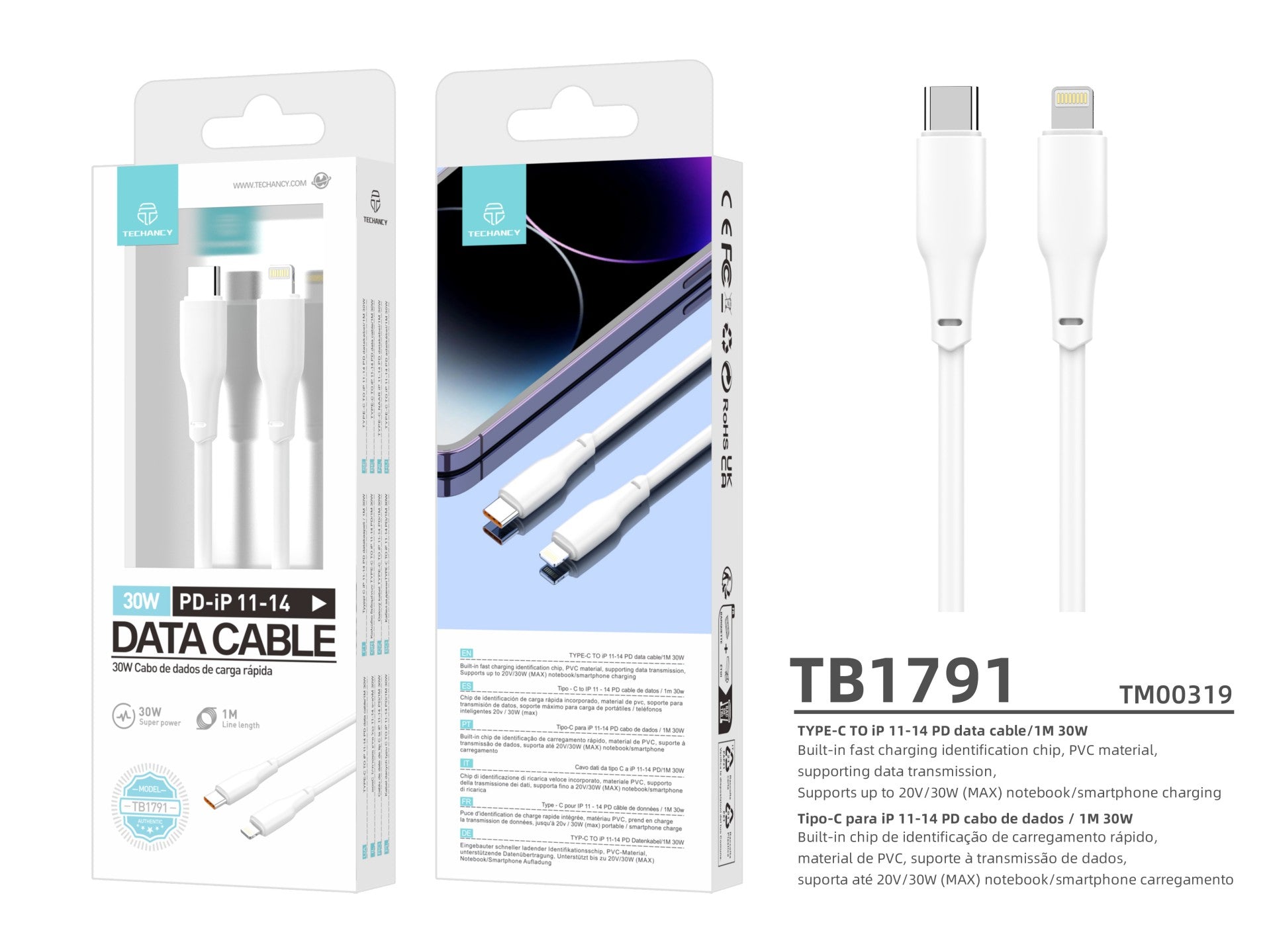 Techancy Cabo De Dados Pd 30w Branco 1m, TB1791, Usb C-Ipx/11/12-14 De Alta Potência, Compatível Com Tablet E Telemóvel-2