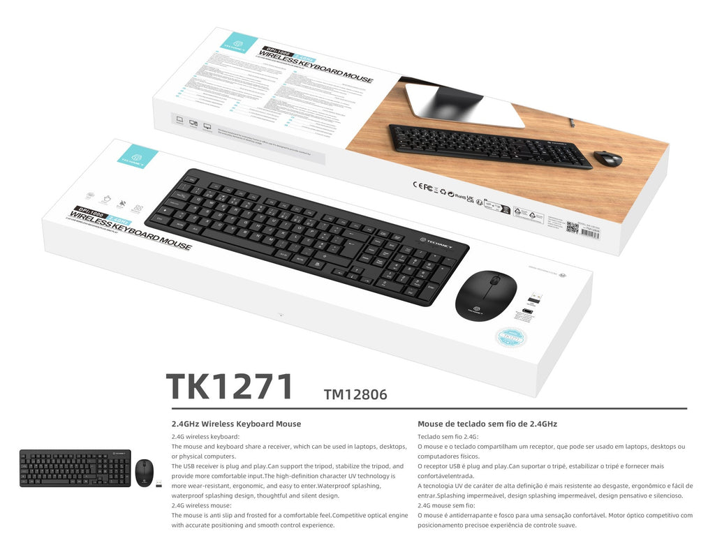 Techancy Kit De Teclado E Rato Sem Fios 2.4g Preto TK1271, Teclas Em Português + Inglês, Teclas De Silêncio Para Escritório