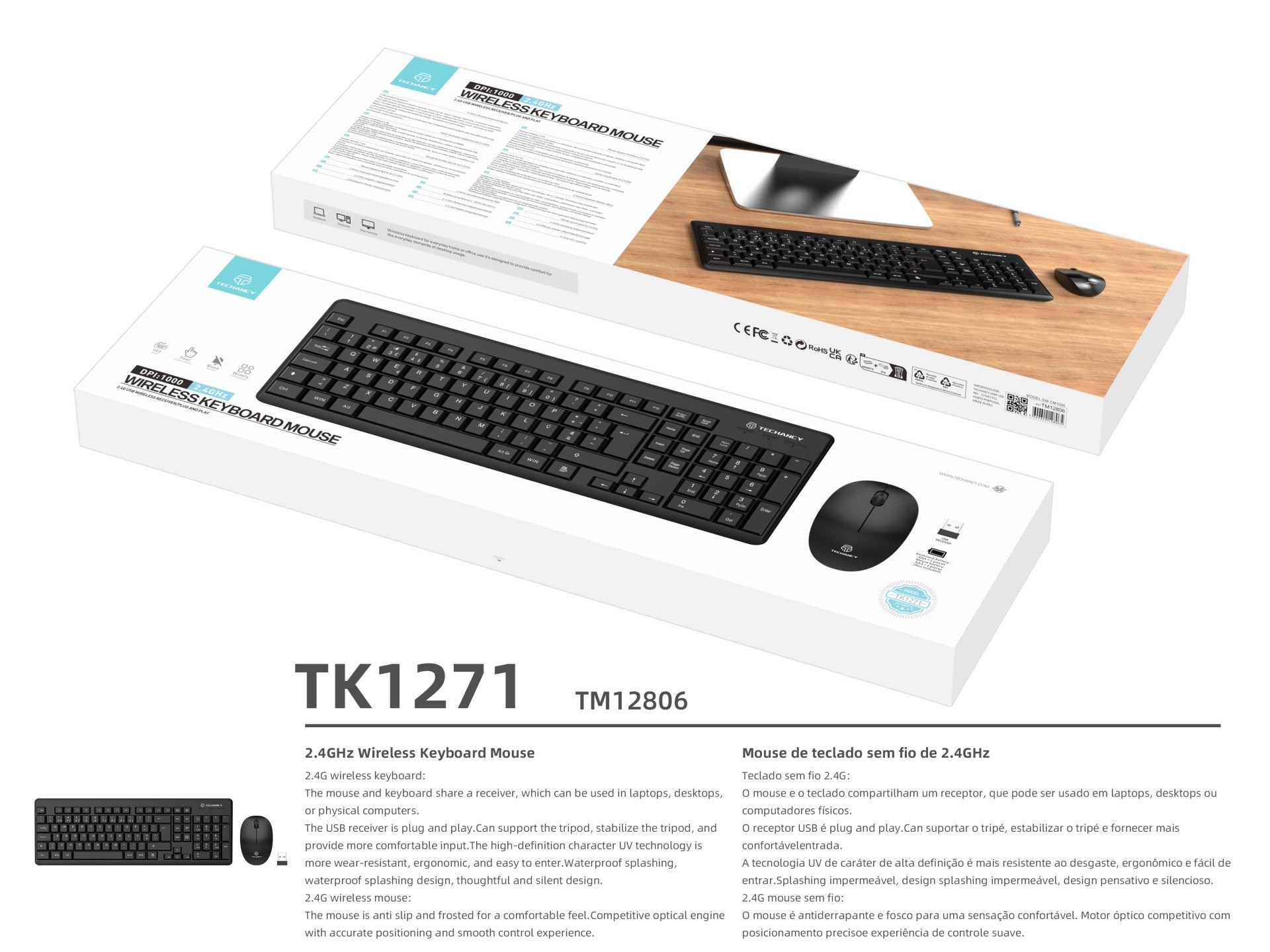 Techancy Kit De Teclado E Rato Sem Fios 2.4g Preto TK1271, Teclas Em Português + Inglês, Teclas De Silêncio Para Escritório