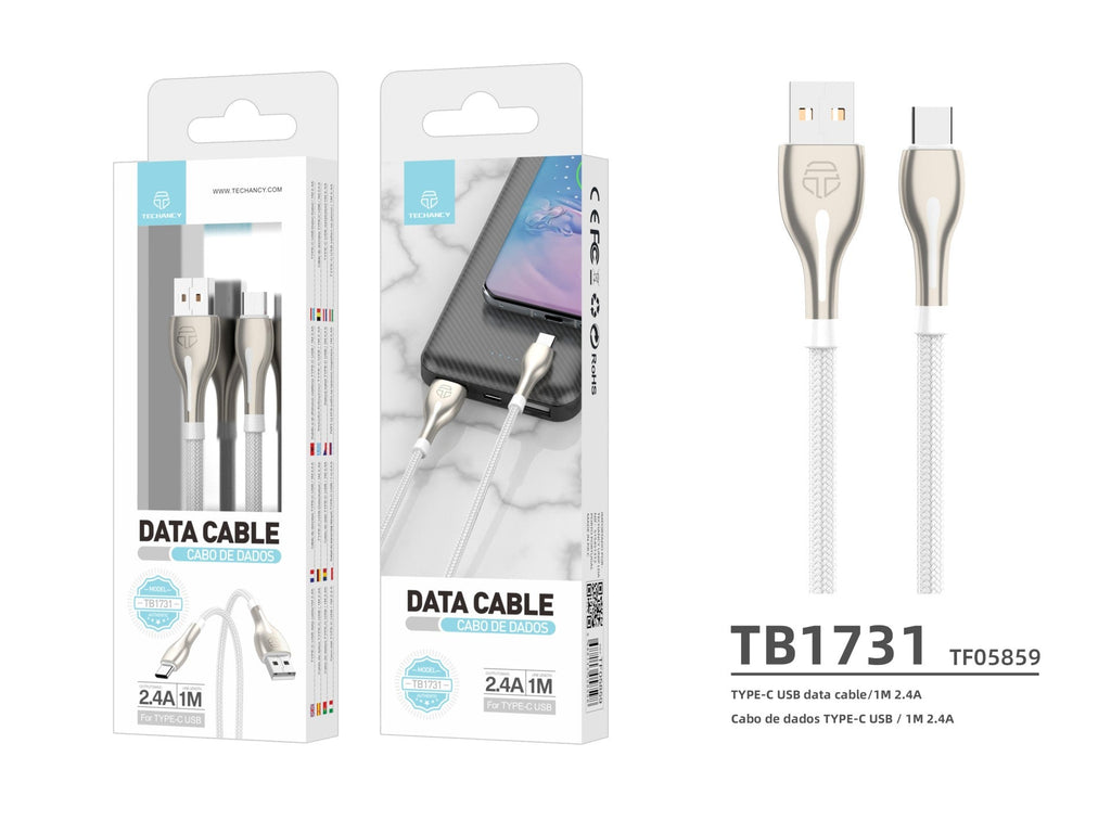 Cabo de dados metálico USB tipo C Techancy, TB1765, 1 m, 2,4 A, cinzento