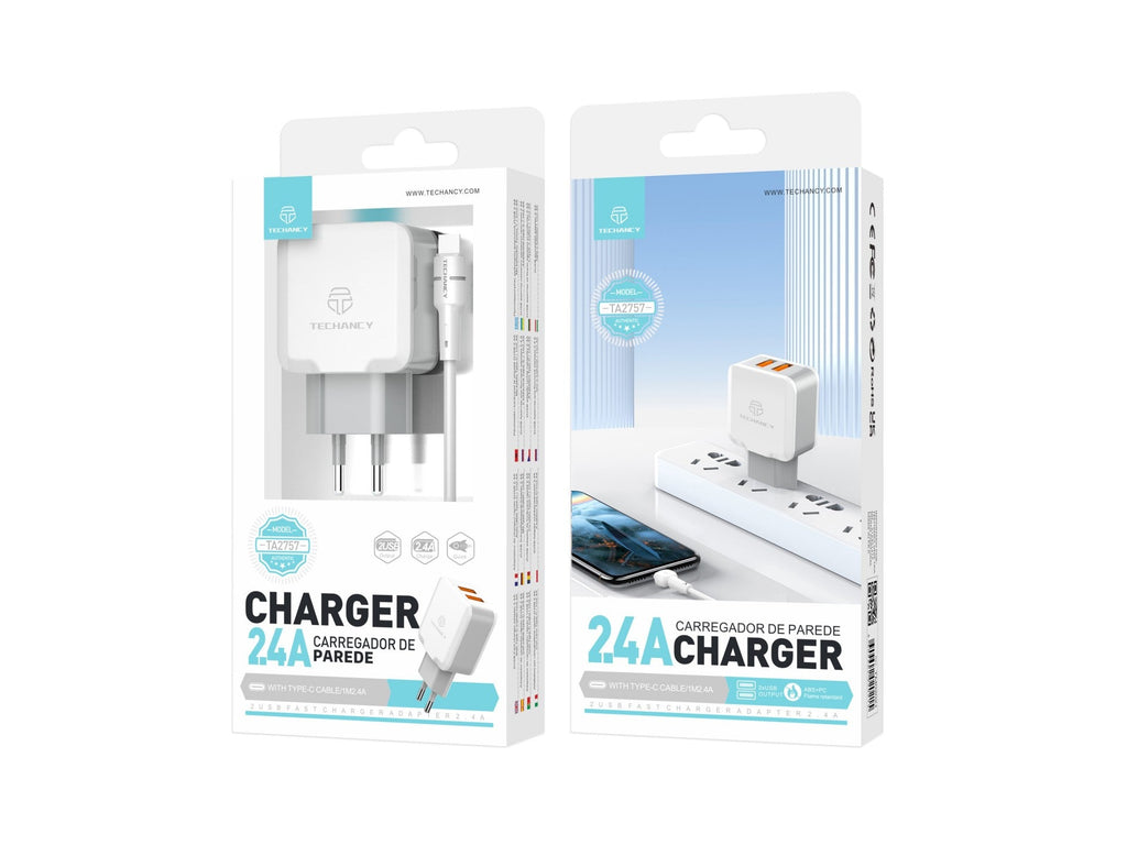 Techancy Carregador De Parede De Porta Usb Dupla 2.4A Branco TA2757 Com Conjunto De Cabos Usb-Tipo-C 1m-4