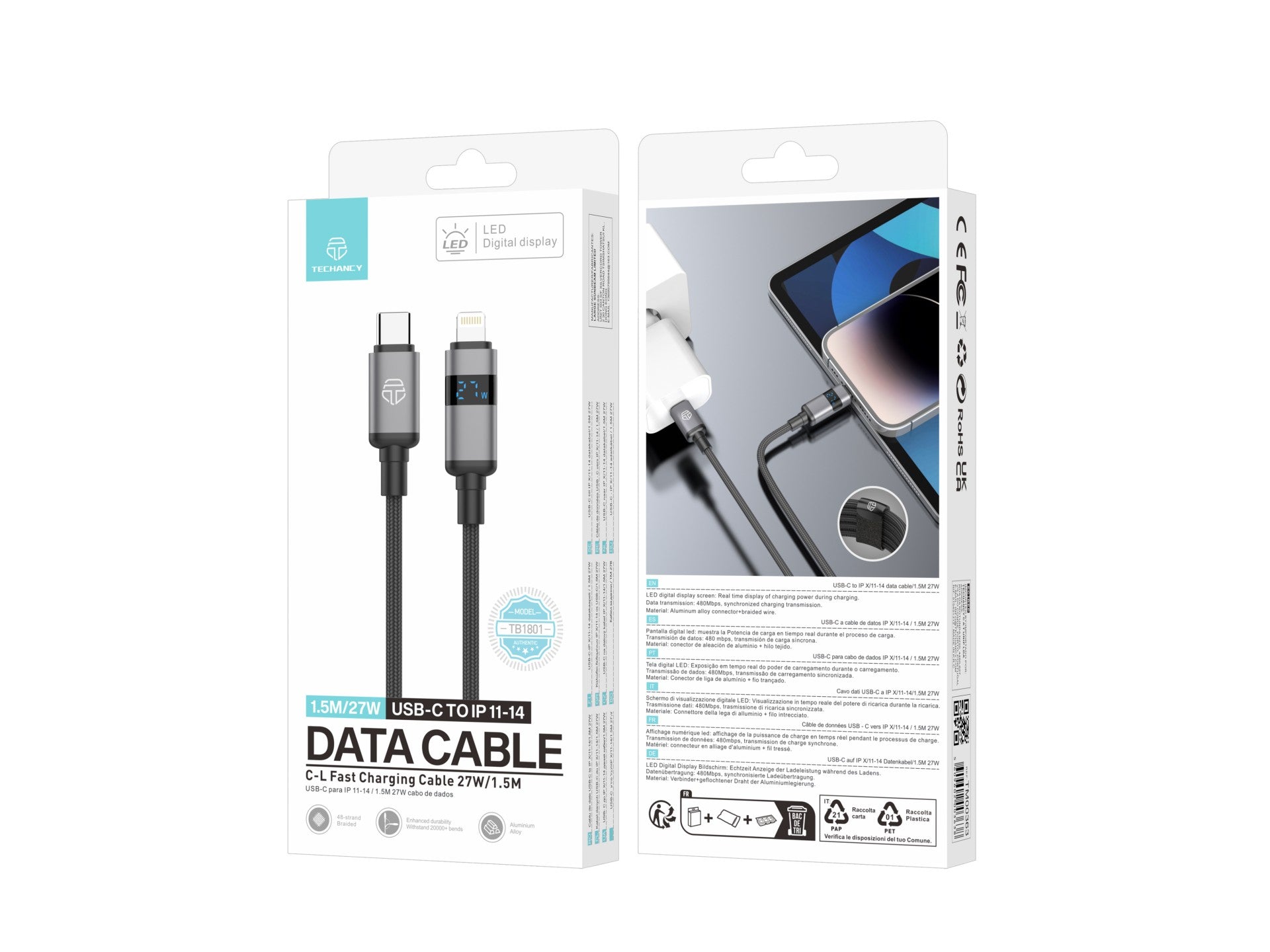 Techancy Cabo USB-C para Lightning TB1801, 27W, 1.5m Preto, Tela LED de Potência, Conector de AlumInio, Fio Trancado-3