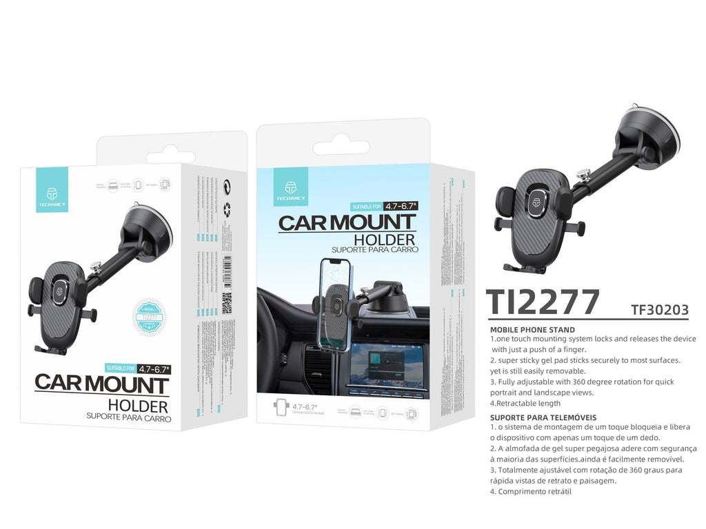 Suporte adesivo para telemóvel para carro Techancy, TI2277, interruptor de um toque, preto