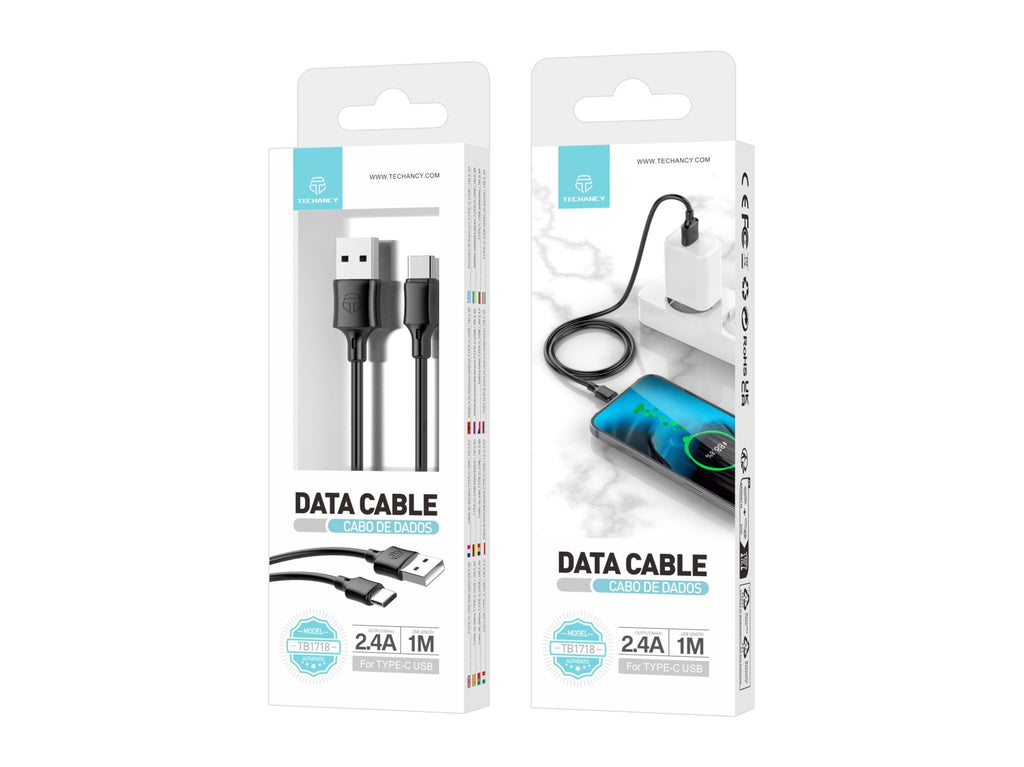 Techancy Cabo De Dados Usb-Tipo C 1M Preto TB1725, Carregamento De 2,4 A, Compatível Com Telemóveis Tipo C
