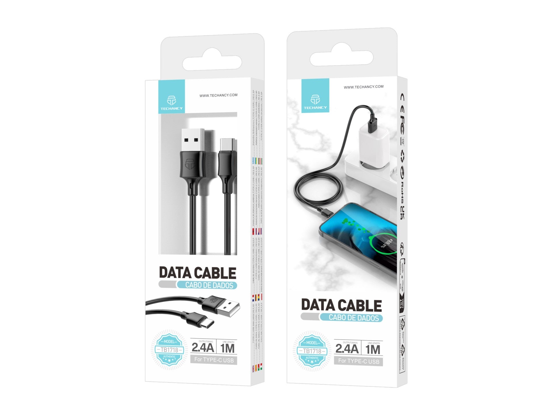 Techancy Cabo De Dados Usb-Tipo C 1M Preto TB1725, Carregamento De 2,4 A, Compatível Com Telemóveis Tipo C