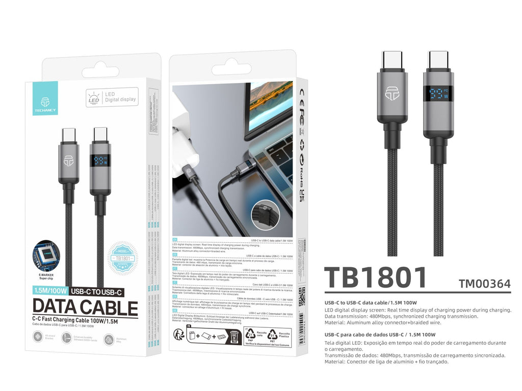 Techancy Cabo USB-C para USB-C TB1801, 100W, 1.5m Preto, Tela LED de Potência, Conector de AlumInio, Fio Trancado