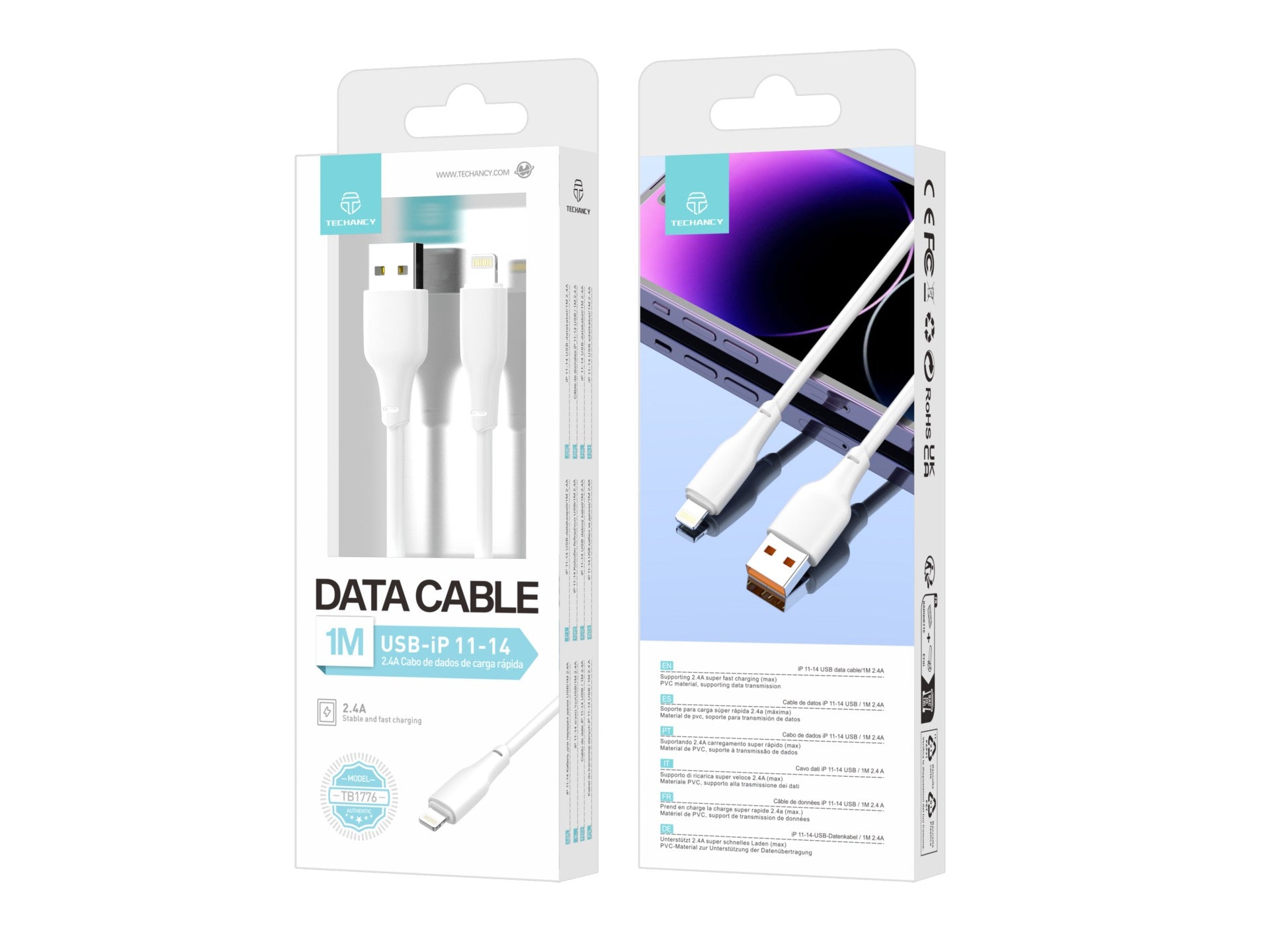 Techancy Cabo Usb-Lightning Branco 1m  TB1776,Carregamento Rápido 2.4a, Suporta Transmissão De Dados, Material Pvc-1