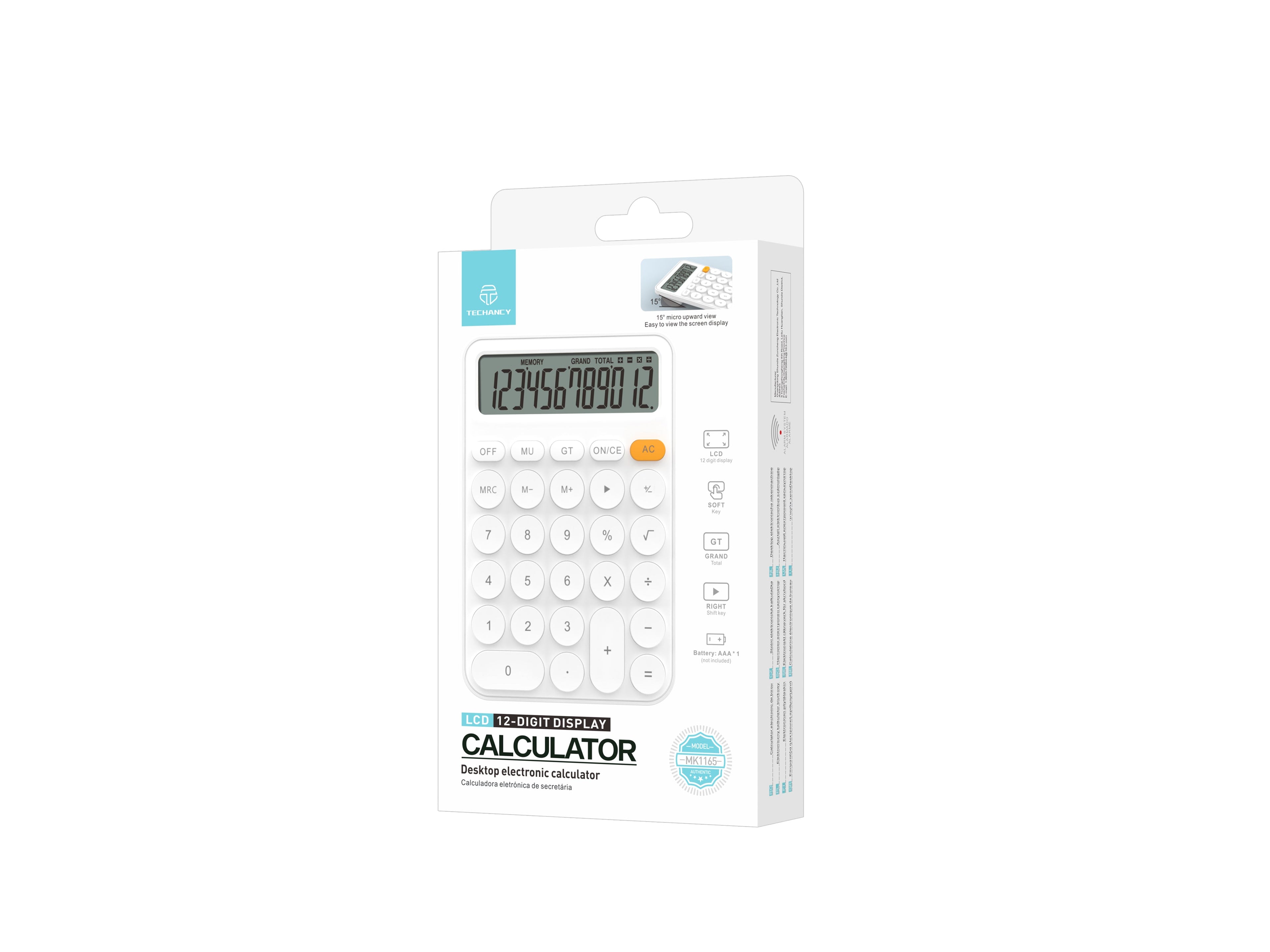 Techancy Calculadora escritorio MK1165 LCD 12 digitos com funcoes MRC GT MU e tecla CE clara Branco