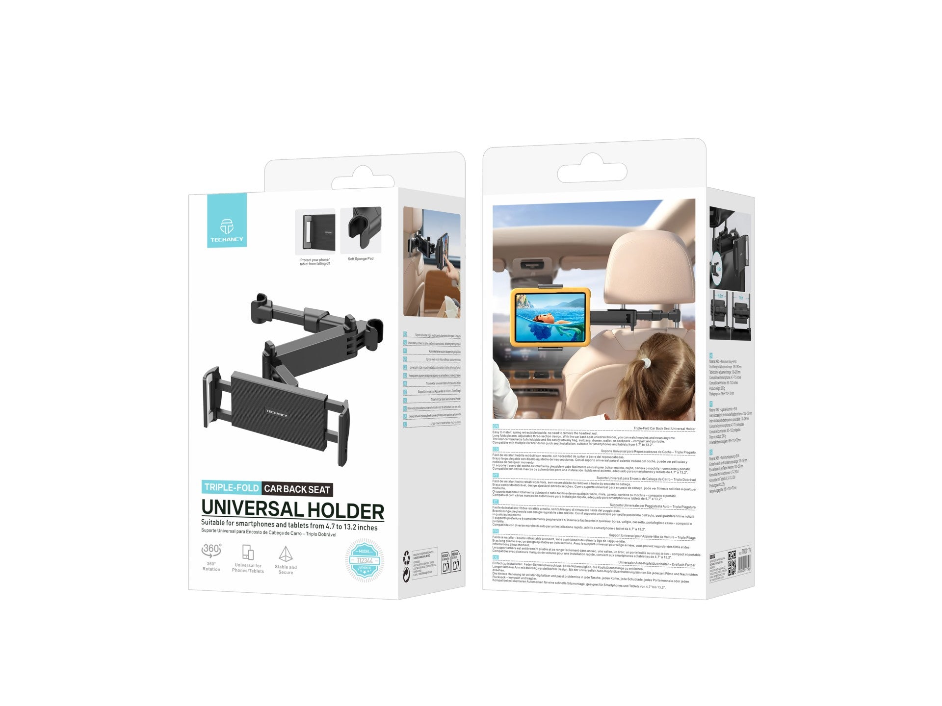 Techancy Suporte traseiro para carro TI2344 triplo dobrável rotação 360° ajustável estável compatível com 4.7 a 13.2 polegadas cor preta