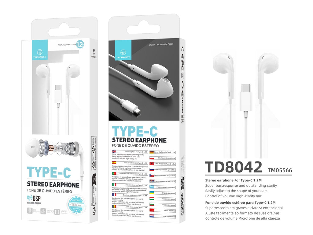 Techancy Auricular Estéreo Com Fios Type-C Branco TD8042, Chip Dsp Com Controlo De Volume Para Uma Utilização Confortável.-2