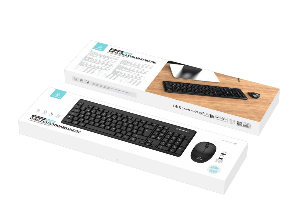 Techancy Kit De Teclado E Rato Sem Fios 2.4g Preto TK1271, Teclas Em Português + Inglês, Teclas De Silêncio Para Escritório