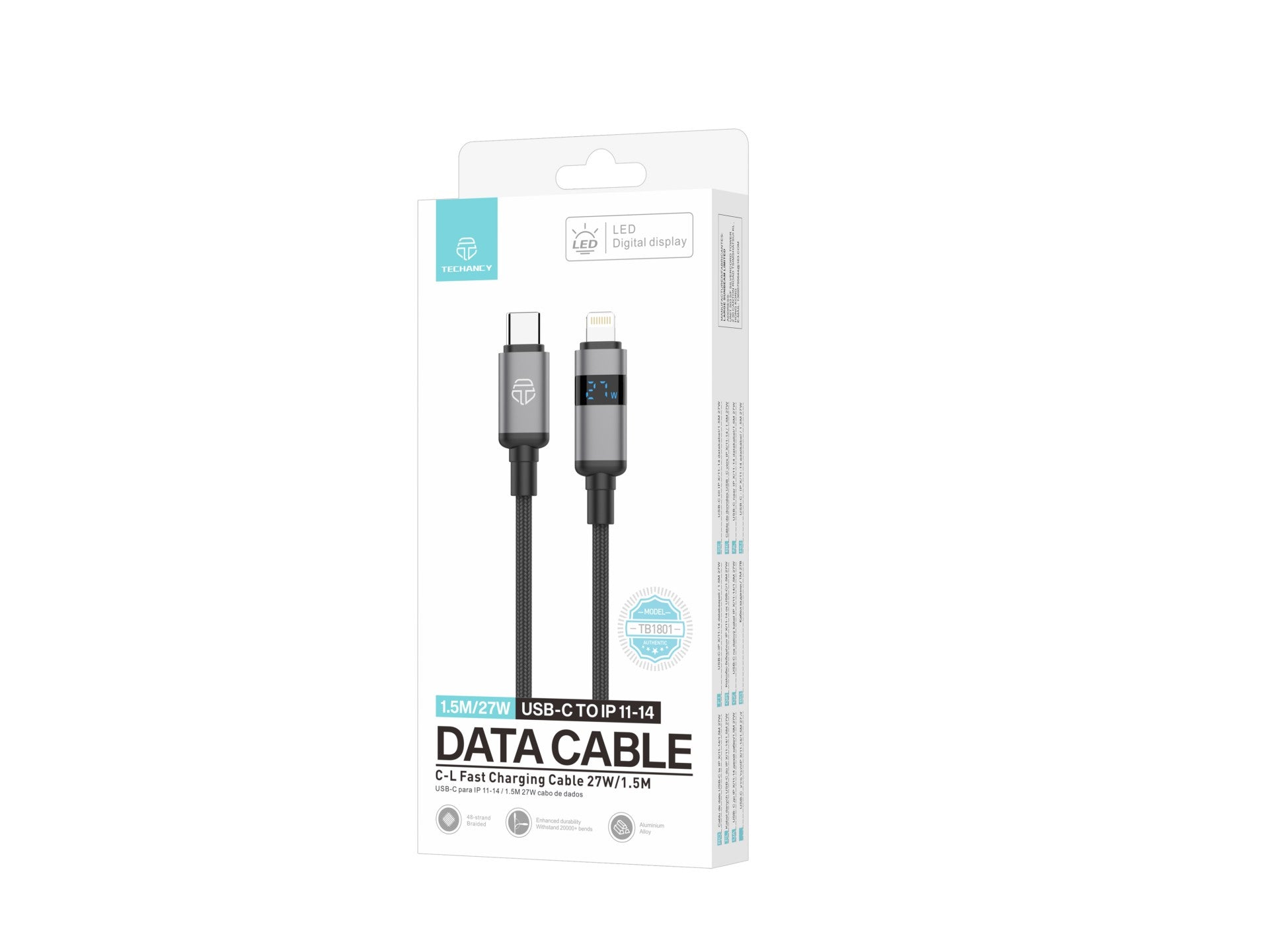 Techancy Cabo USB-C para Lightning TB1801, 27W, 1.5m Preto, Tela LED de Potência, Conector de AlumInio, Fio Trancado-2