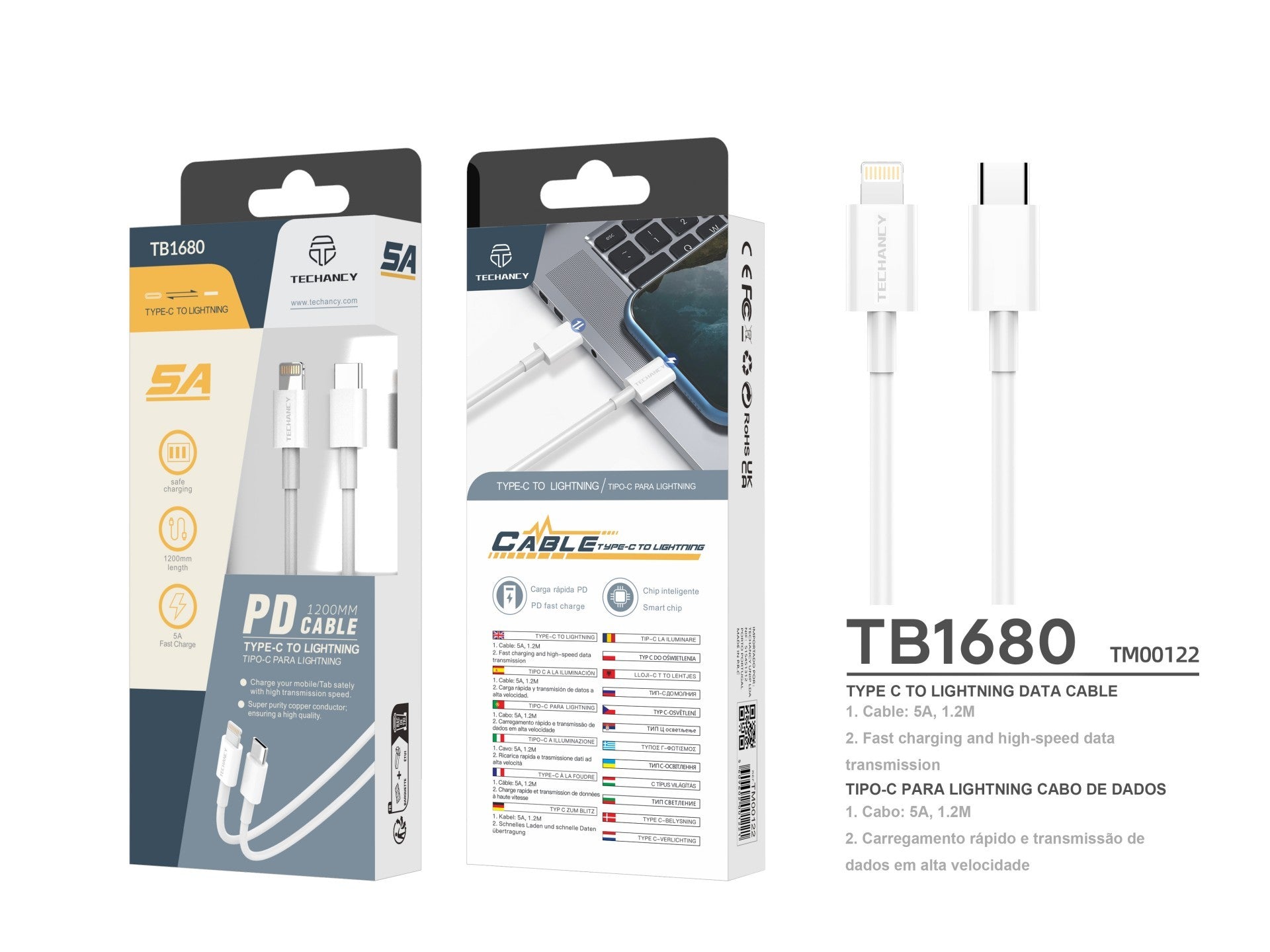 Techancy Cabo De Dados De Carregamento Rápido Pd De 18 W 1,2 M TB1680, Porta Usb C-Ip8/X/11-14, Compatível Com Iphone, Ipad-2