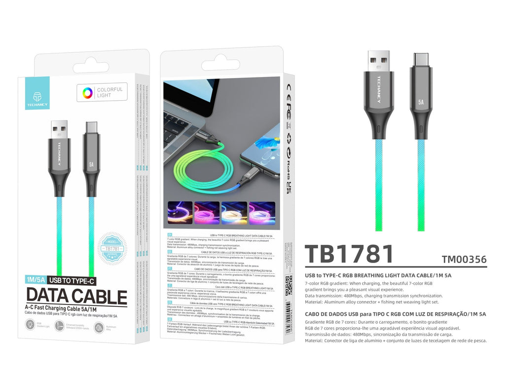 Techancy Cabo De Dados De 1m TB1799, Usb-C Para Usb-C, Efeitos De Iluminação Rgb, Carregamento Rápido De 27w.-4