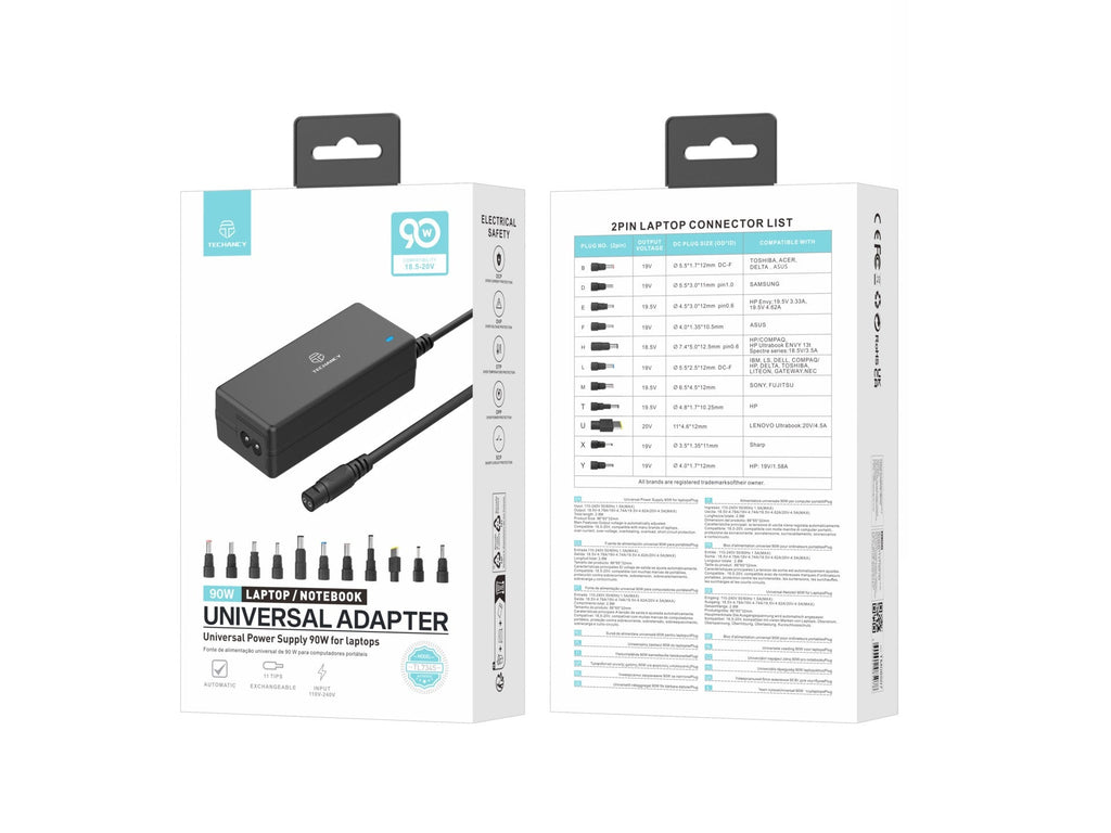 Techancy  Adaptador de energia universal TL7344 para laptops, com potência de 90W, 11 conectores e proteções contra sobrecorrente e sobretensão