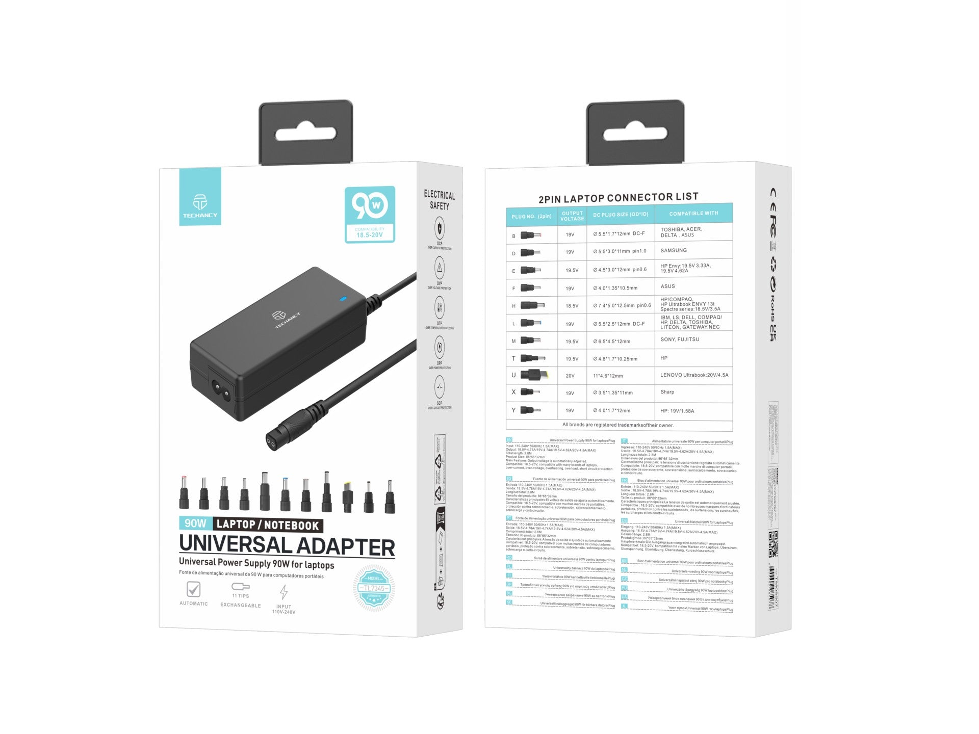 Techancy  Adaptador de energia universal TL7344 para laptops, com potência de 90W, 11 conectores e proteções contra sobrecorrente e sobretensão