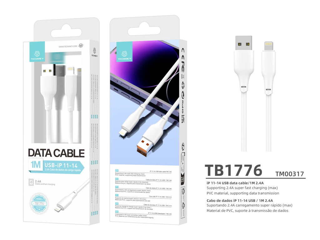Techancy Cabo Usb-Lightning Branco 1m  TB1776,Carregamento Rápido 2.4a, Suporta Transmissão De Dados, Material Pvc-2