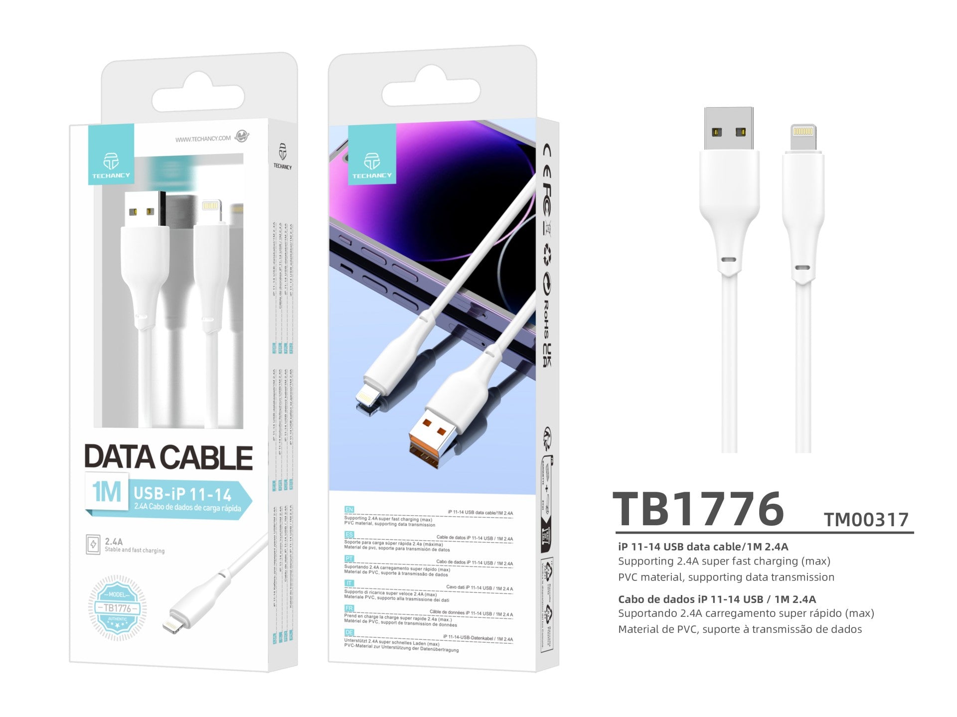 Techancy Cabo Usb-Lightning Branco 1m  TB1776,Carregamento Rápido 2.4a, Suporta Transmissão De Dados, Material Pvc-2