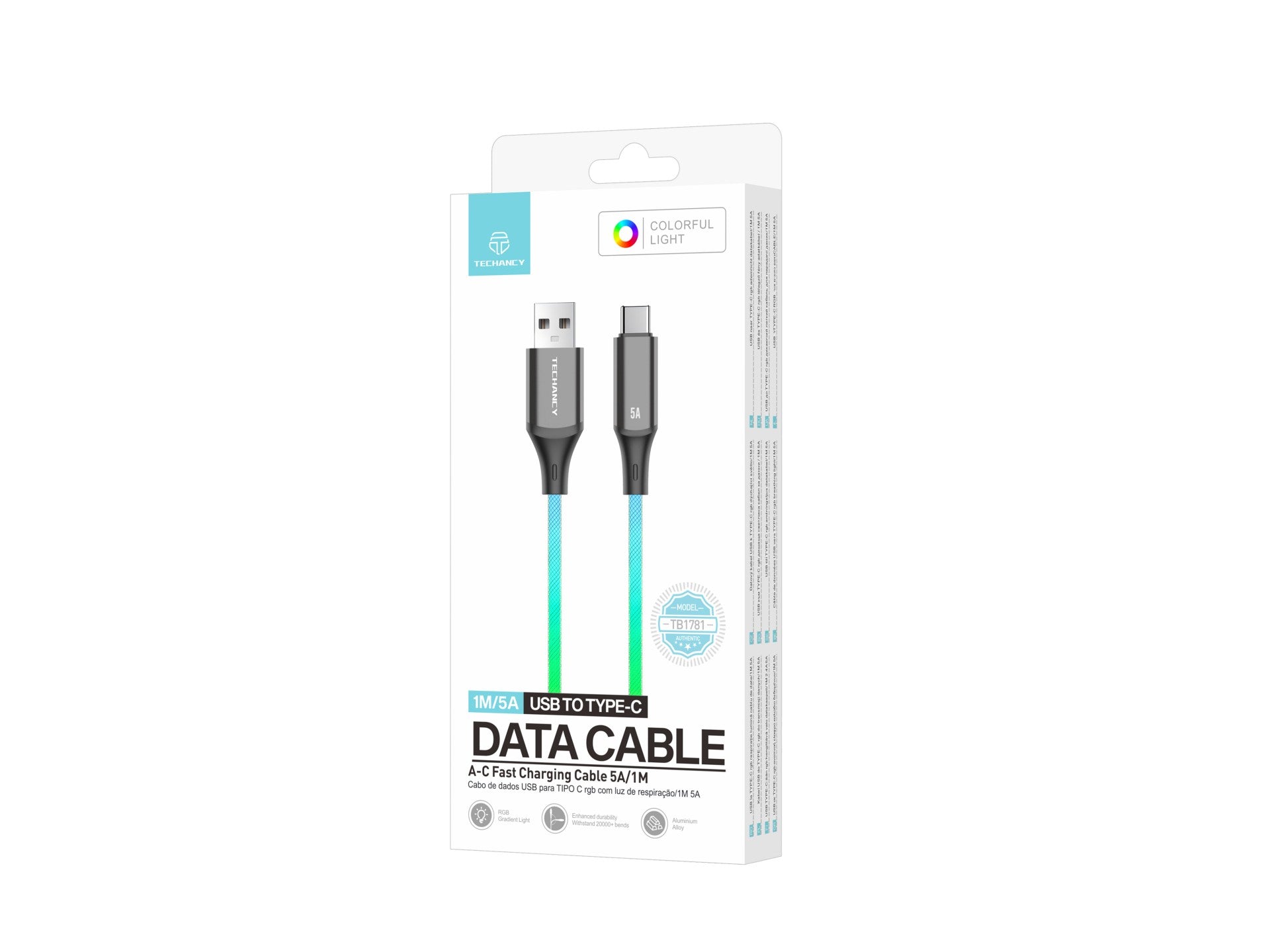 Techancy Cabo De Dados De 1m TB1799, Usb-C Para Usb-C, Efeitos De Iluminação Rgb, Carregamento Rápido De 27w.-2