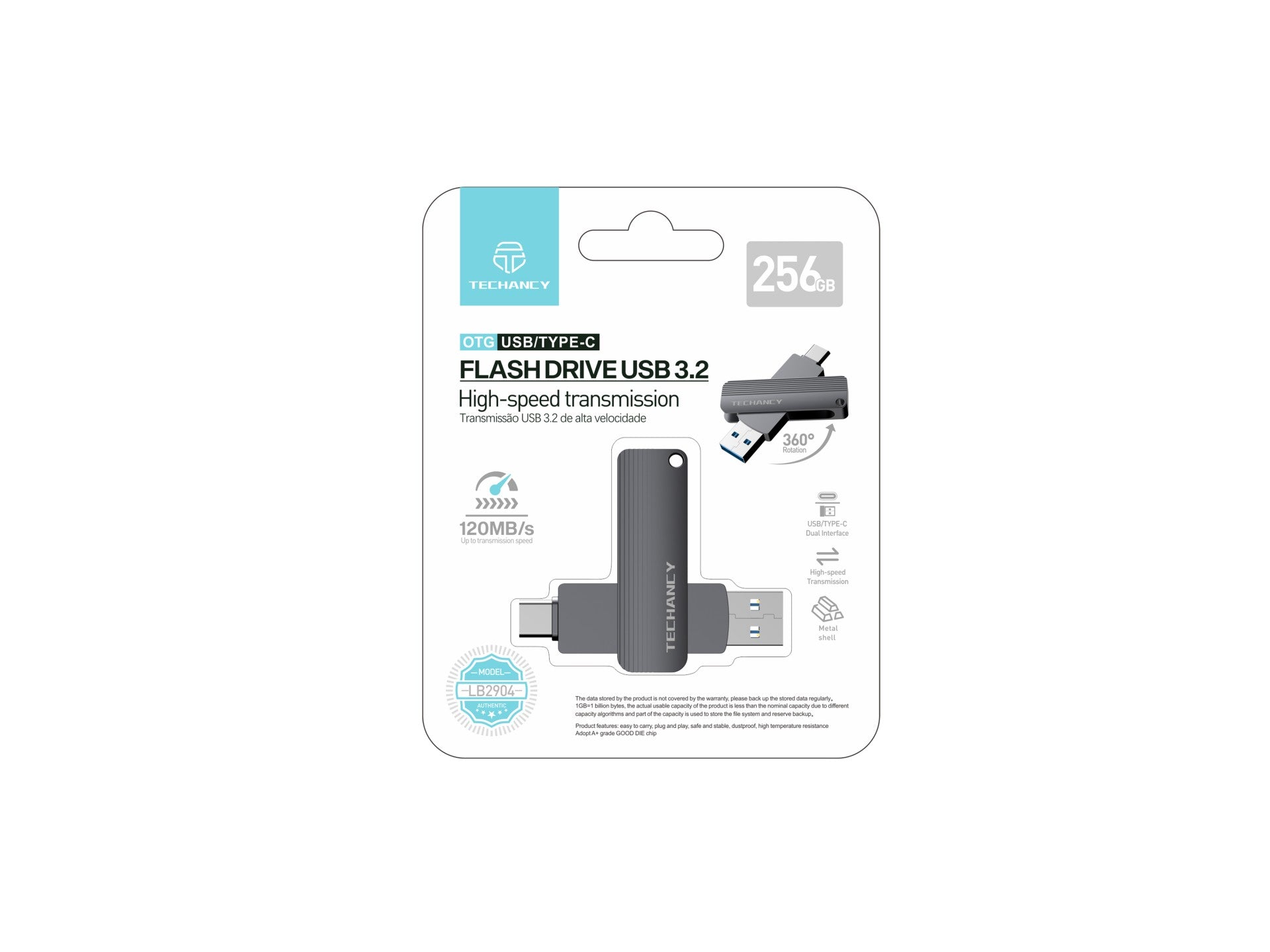 Techancy Unidade Flash Usb3.2 De Alta Velocidade LB2904, 256 GB, Conetor 2 Em 1 Tipo C E Usb-A, Compatível Com Pc/Móvel/Mac