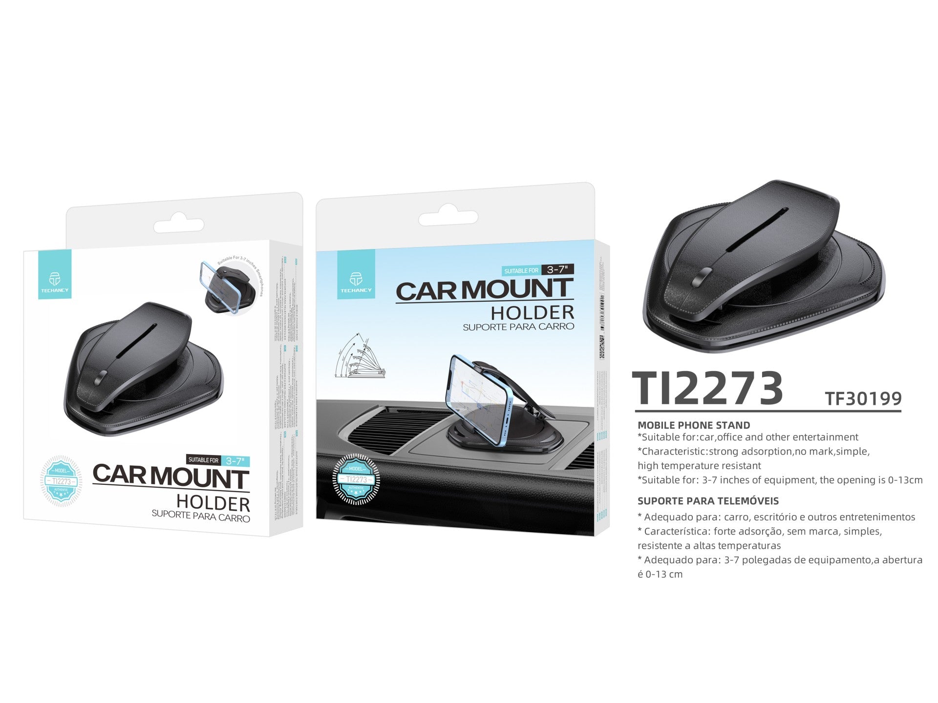 Suporte universal para telemóvel Techancy, montagem na consola central, TI2273, preto