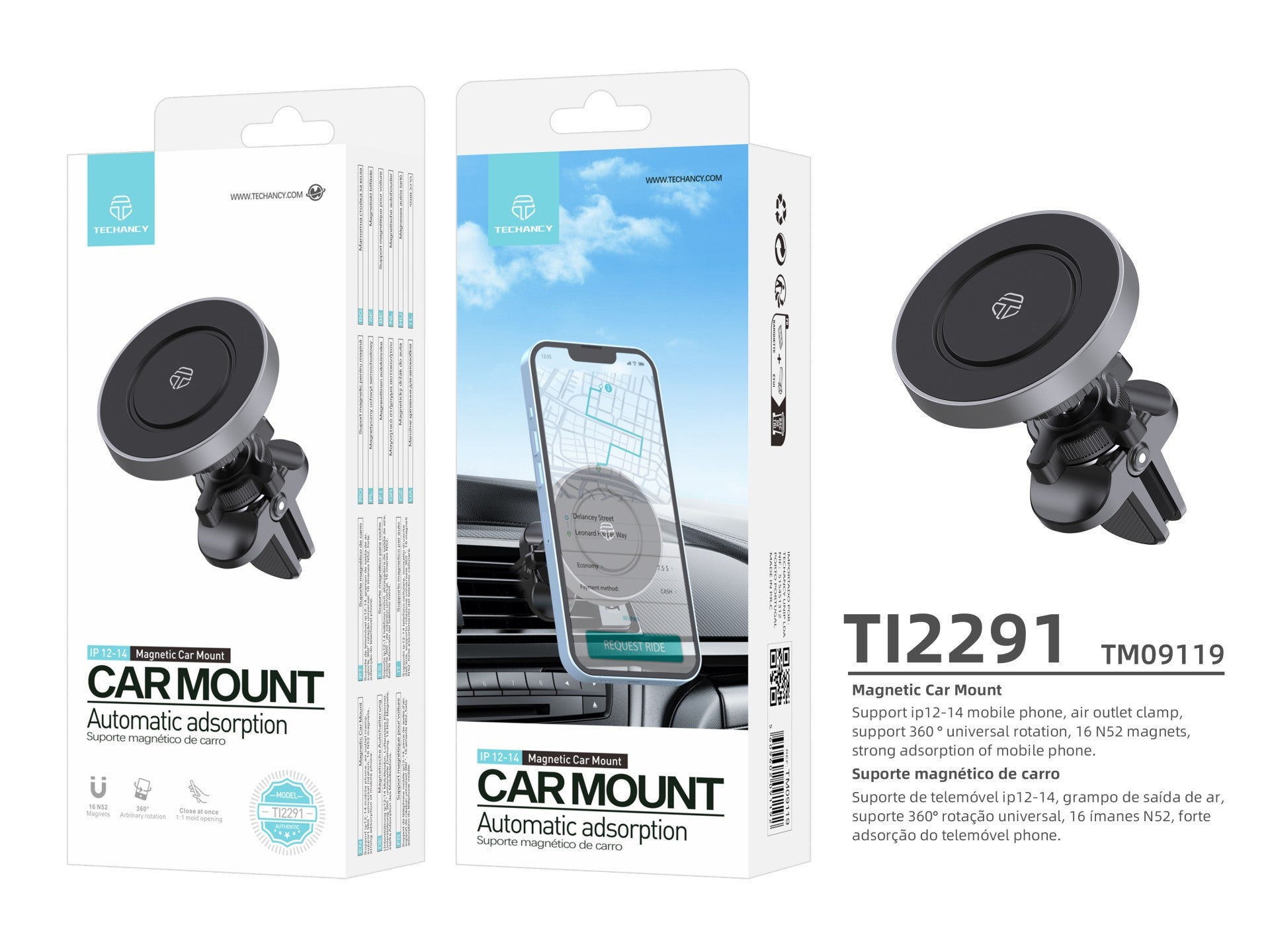 Techancy Suporte Magnético Para Telemóvel Para Automóvel Ti2291, Compatível Com O Ip12-16, Absorção Magnética Potente.