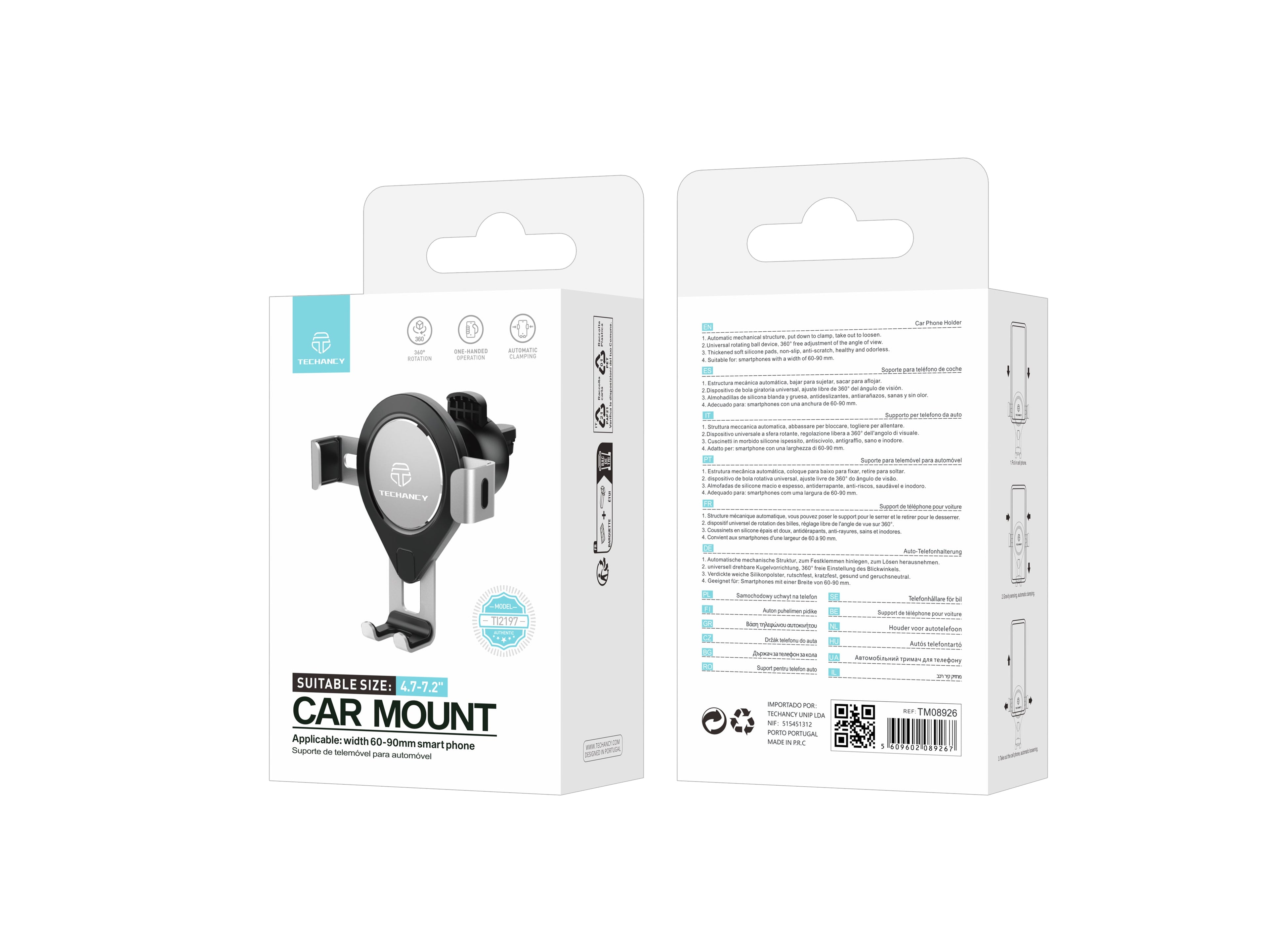 Suporte Para Telemóvel Para Automóvel Cinzento Ti2197, Rotação De 360 Graus Para Telemóveis De 4,7-7,2 Polegadas