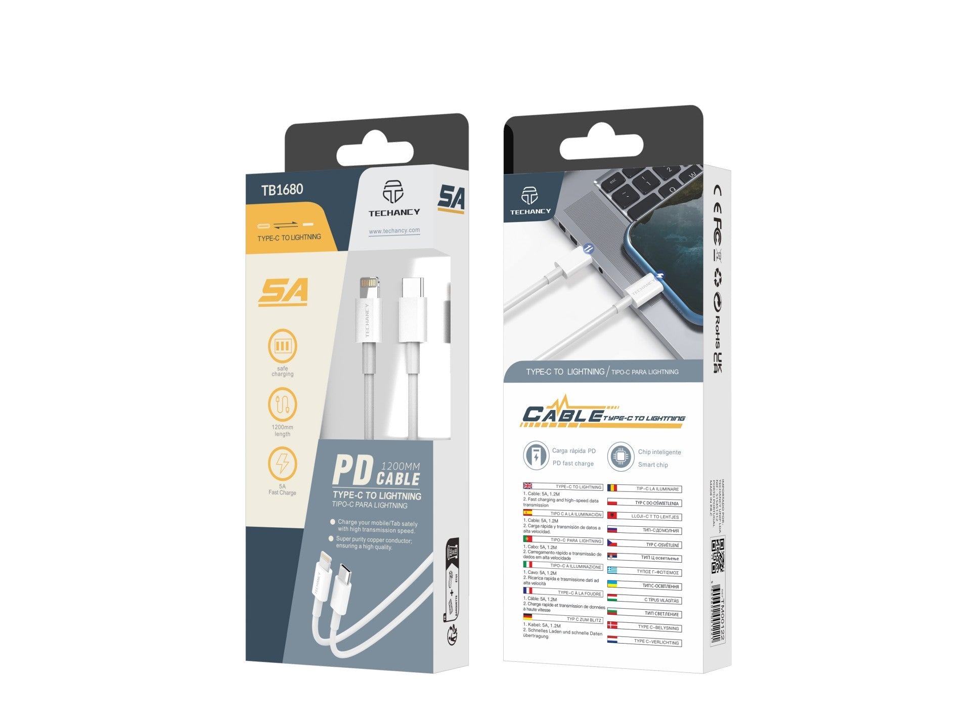 Techancy Cabo De Dados De Carregamento Rápido Pd De 18 W 1,2 M TB1680, Porta Usb C-Ip8/X/11-14, Compatível Com Iphone, Ipad-1