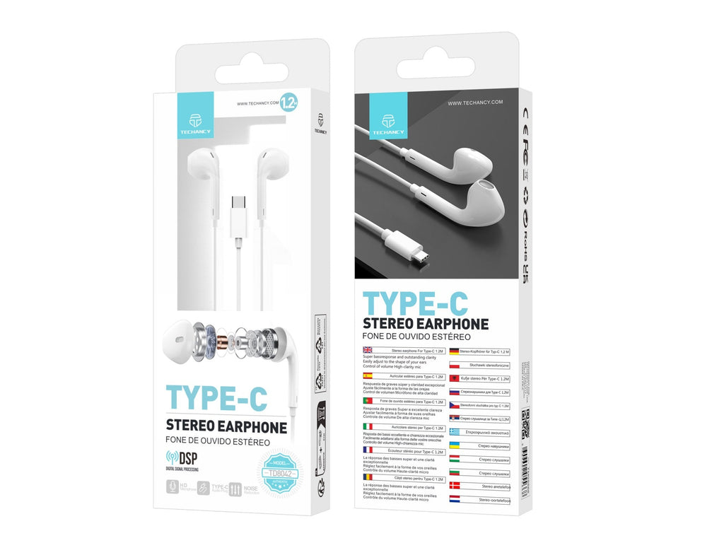 Techancy Auricular Estéreo Com Fios Type-C Branco TD8042, Chip Dsp Com Controlo De Volume Para Uma Utilização Confortável.-1