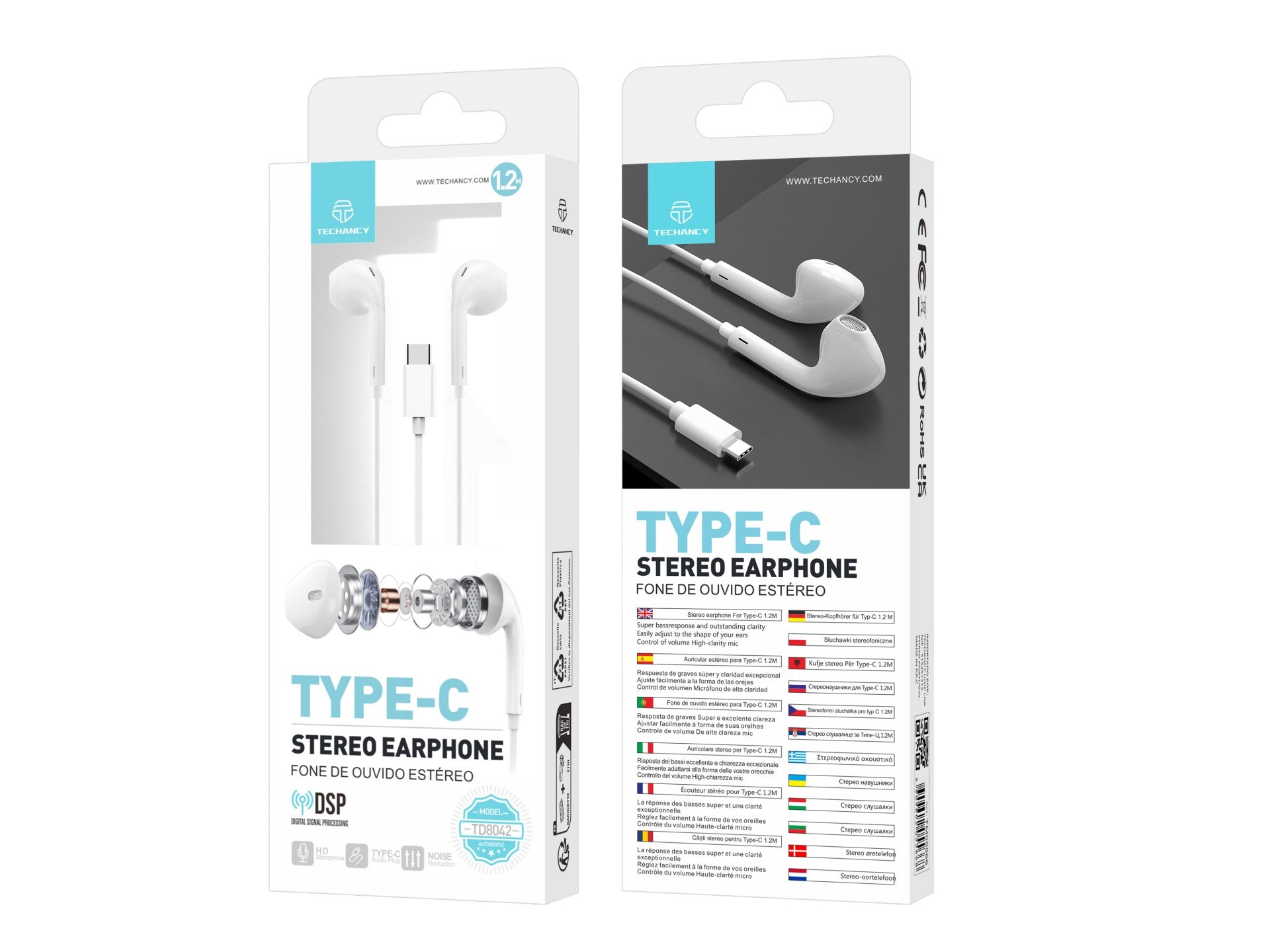 Techancy Auricular Estéreo Com Fios Type-C Branco TD8042, Chip Dsp Com Controlo De Volume Para Uma Utilização Confortável.-1