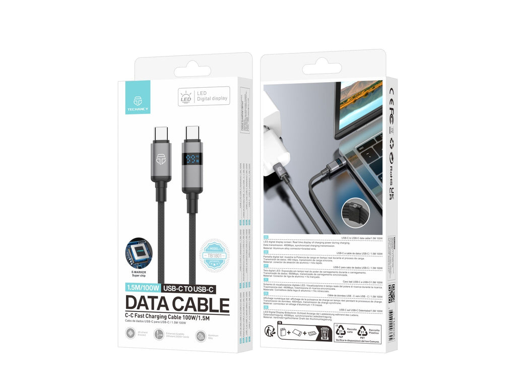Techancy Cabo USB-C para USB-C TB1801, 100W, 1.5m Preto, Tela LED de Potência, Conector de AlumInio, Fio Trancado-3