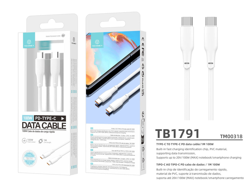 Techancy Cabo De Dados Pd 100w Branco 1m TB1791, Usb C-Usbc De Alta Potência, Compatível Com Computadores Portáteis-2