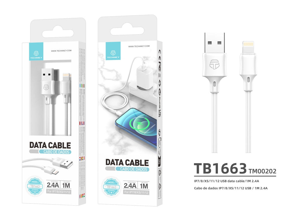 Techancy Cabo De Dados Usb-Lightning 1m Branco TB1671, Carregamento 2.4A, Compatível Com Iphone/Ipad-2