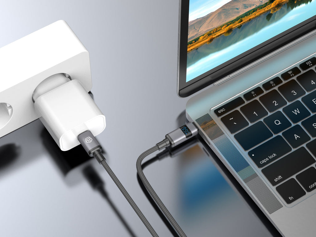 Techancy Cabo USB-C para USB-C TB1801, 100W, 1.5m Preto, Tela LED de Potência, Conector de AlumInio, Fio Trancado