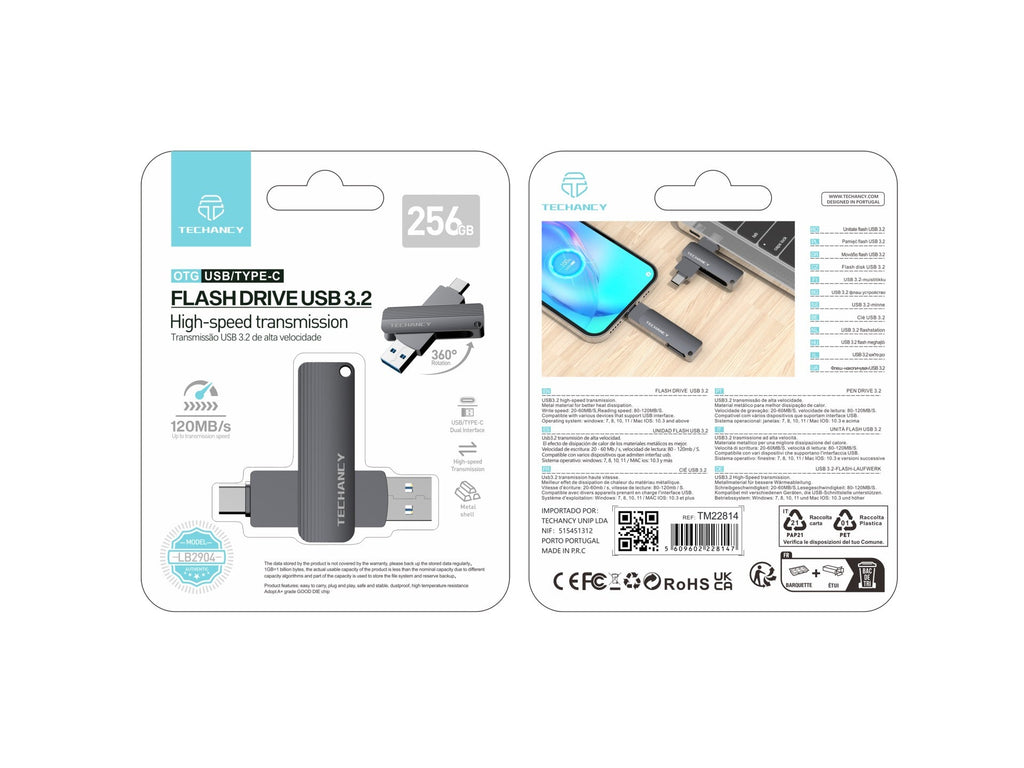 Techancy Unidade Flash Usb3.2 De Alta Velocidade LB2904, 256 GB, Conetor 2 Em 1 Tipo C E Usb-A, Compatível Com Pc/Móvel/Mac