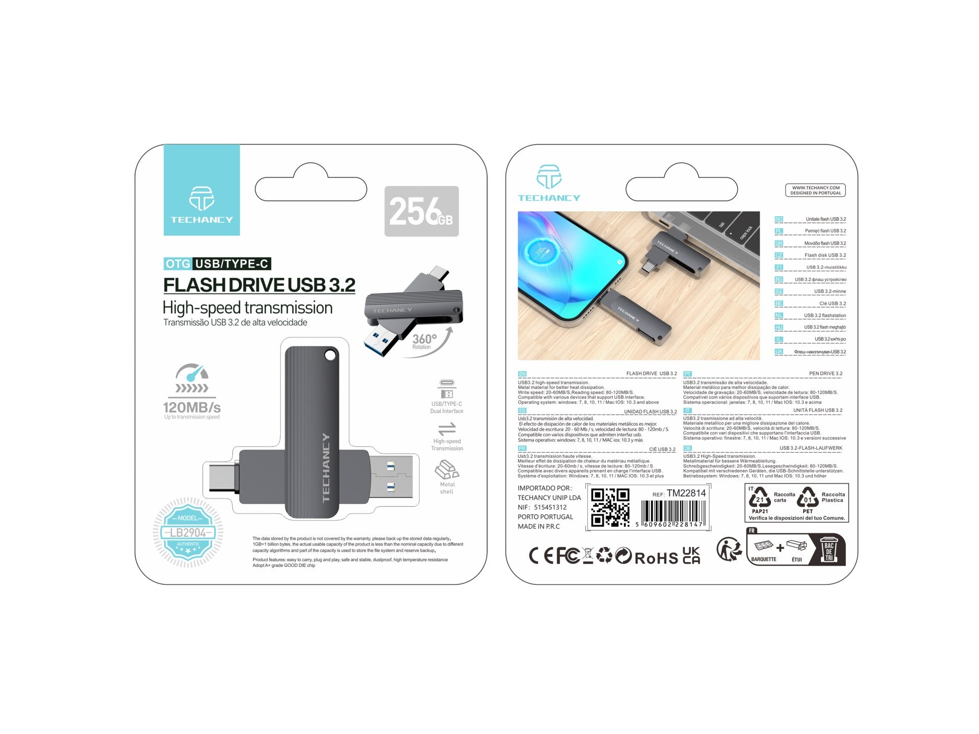 Techancy Unidade Flash Usb3.2 De Alta Velocidade LB2904, 256 GB, Conetor 2 Em 1 Tipo C E Usb-A, Compatível Com Pc/Móvel/Mac