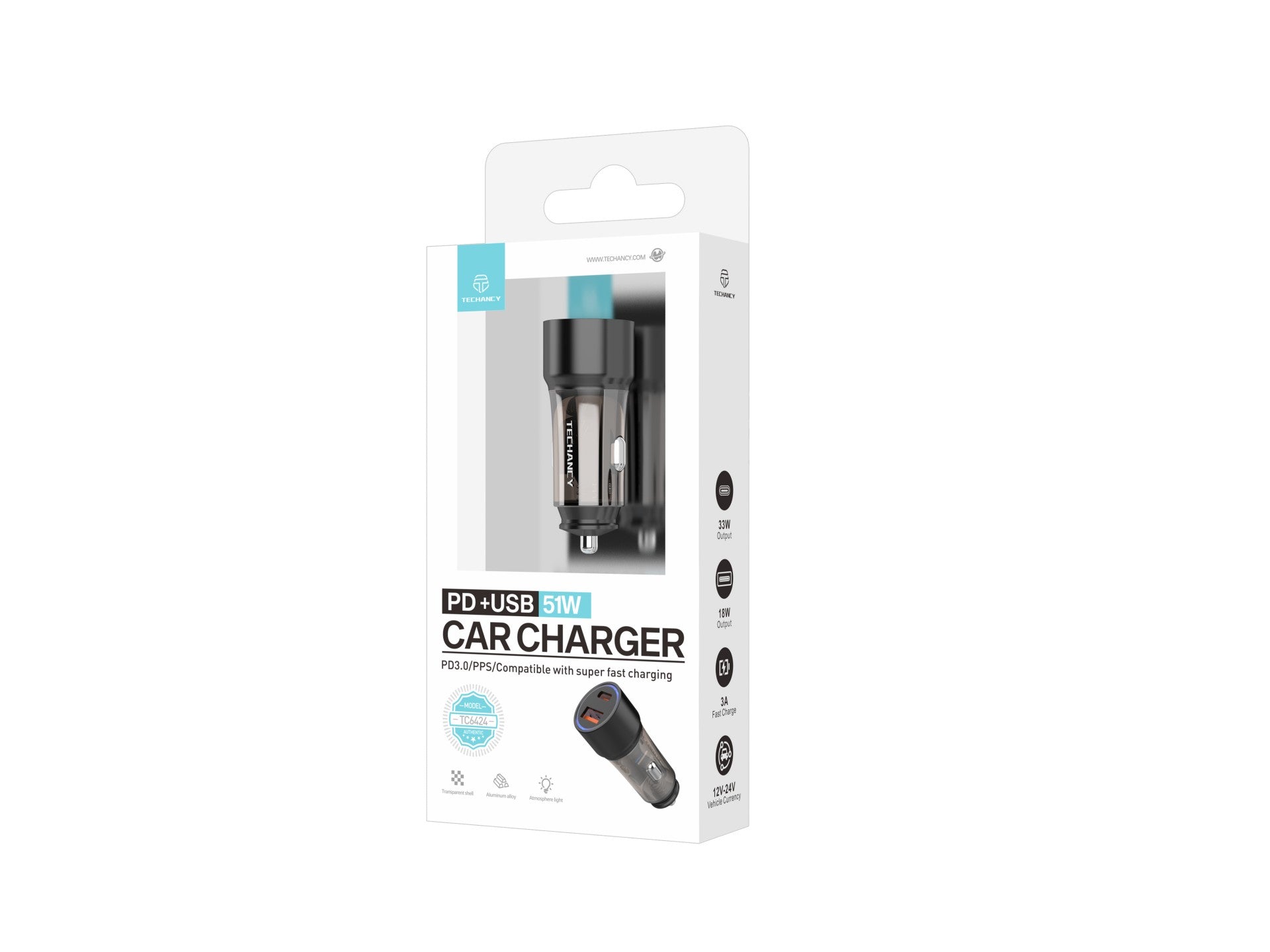 Techancy Carregador Para Automóvel 51w  TC6432, Duas Portas Usb-A+Usb-C, Carrega Vários Dispositivos Transparente