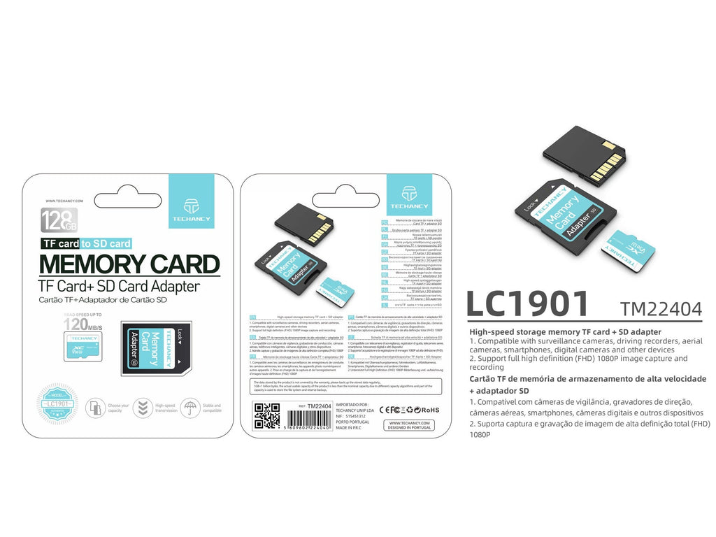 Techancy Cartão De Memória Micro Sd De Alta Velocidade LC1901,128GB Com Adaptador, Compatível Com Telemóveis, Mp3, Câmaras, Etc.