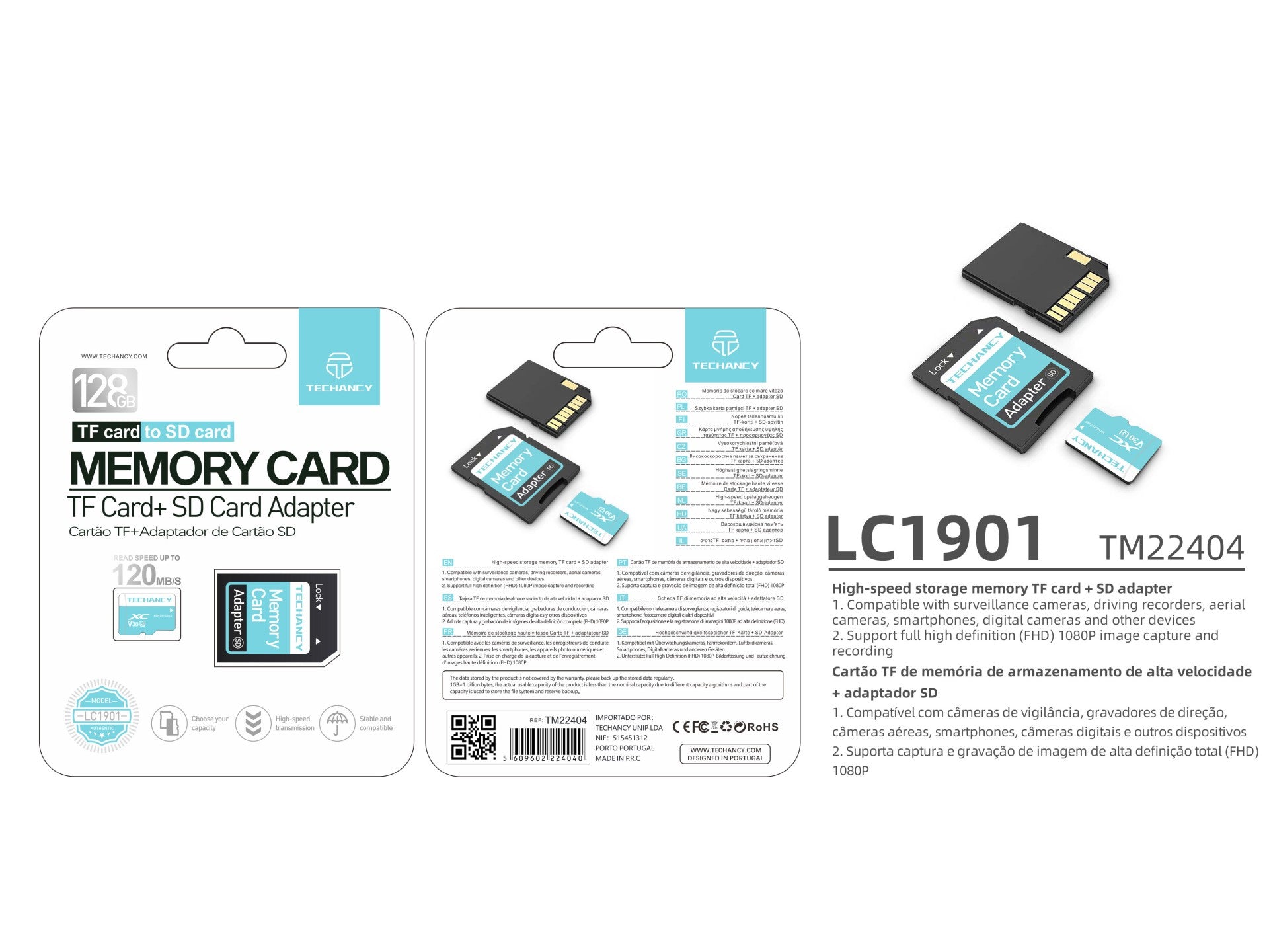 Techancy Cartão De Memória Micro Sd De Alta Velocidade LC1901,128GB Com Adaptador, Compatível Com Telemóveis, Mp3, Câmaras, Etc.