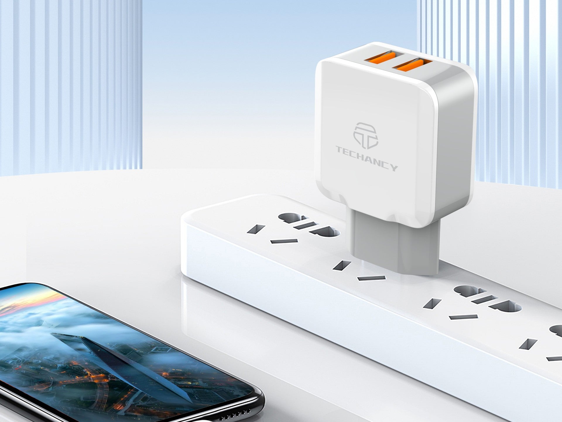 Techancy Carregador De Parede De Porta Usb Dupla 2.4A Branco TA2757 Com Conjunto De Cabos Usb-Tipo-C 1m-2
