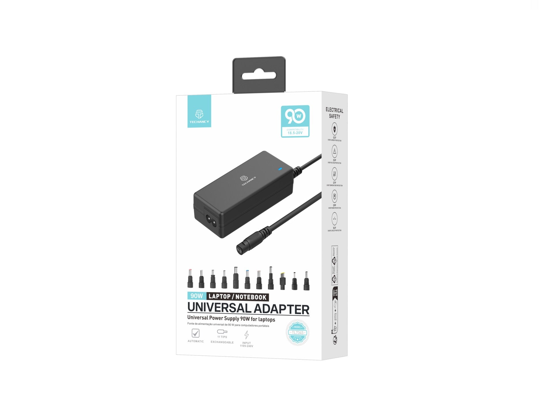 Techancy  Adaptador de energia universal TL7344 para laptops, com potência de 90W, 11 conectores e proteções contra sobrecorrente e sobretensão-1